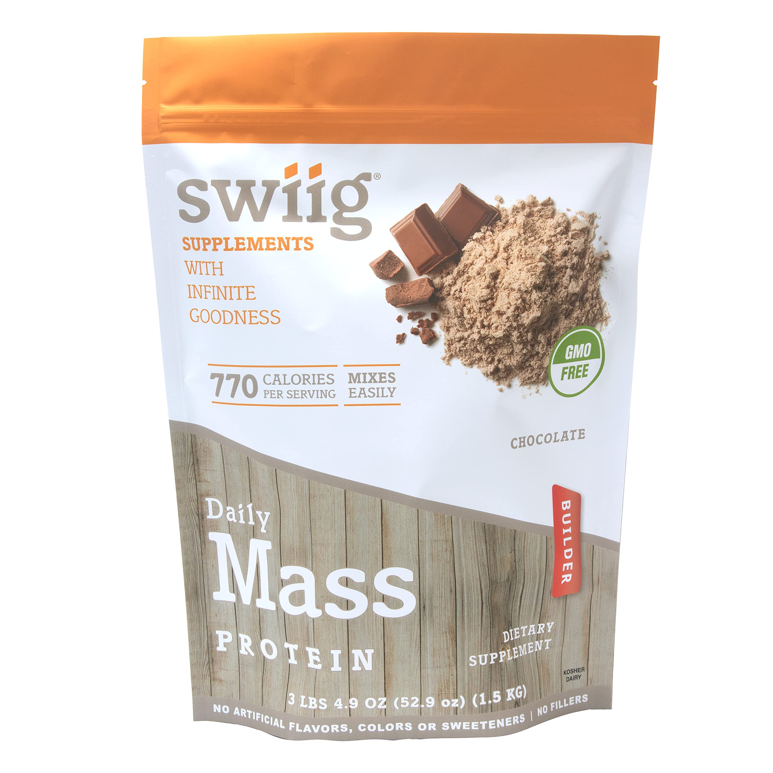 swiig Mass Builder Protein Powder, Chocolate, No GMO Ingredients, No Artificial Flavors, Colors or Sweeteners, No Fillers, 3.3 Pound Bag