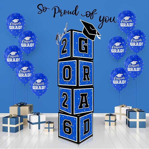 Graduation Decorations 2026 Set - So Proud of You - Class of 2026 Balloon Boxes for Memorable Grad Party Supplies, Indoor/Outdoor Congrats Grad Home Door Decor Essentials(blue and black)
