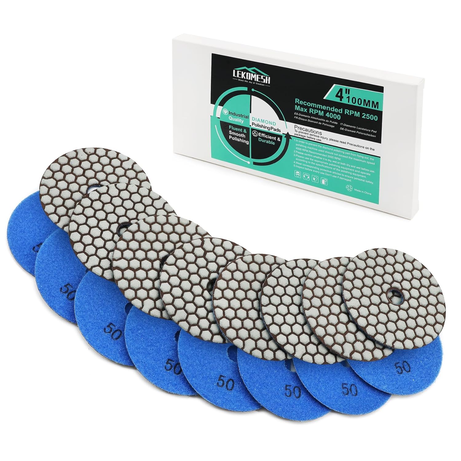 Diamond Polishing Pad Dry LEKOMESH - 8pcs 4-Inch (100mm) #50 Dry Polishing Wheel Set for Granite Marble Artificial Stone Quartz,Granite Polishing Pads for Grinder or Polisher
