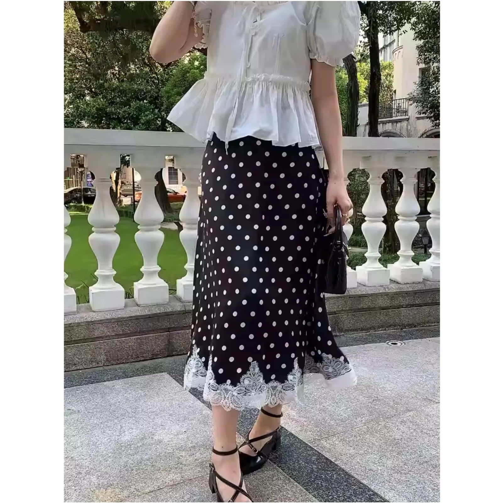 Gonne Midi Vintage Vintage Eleganti in Raso con giunzioni Stampa Vita Alta Retro Casual Dritto Midi gonne Streetwear(Nero,S)