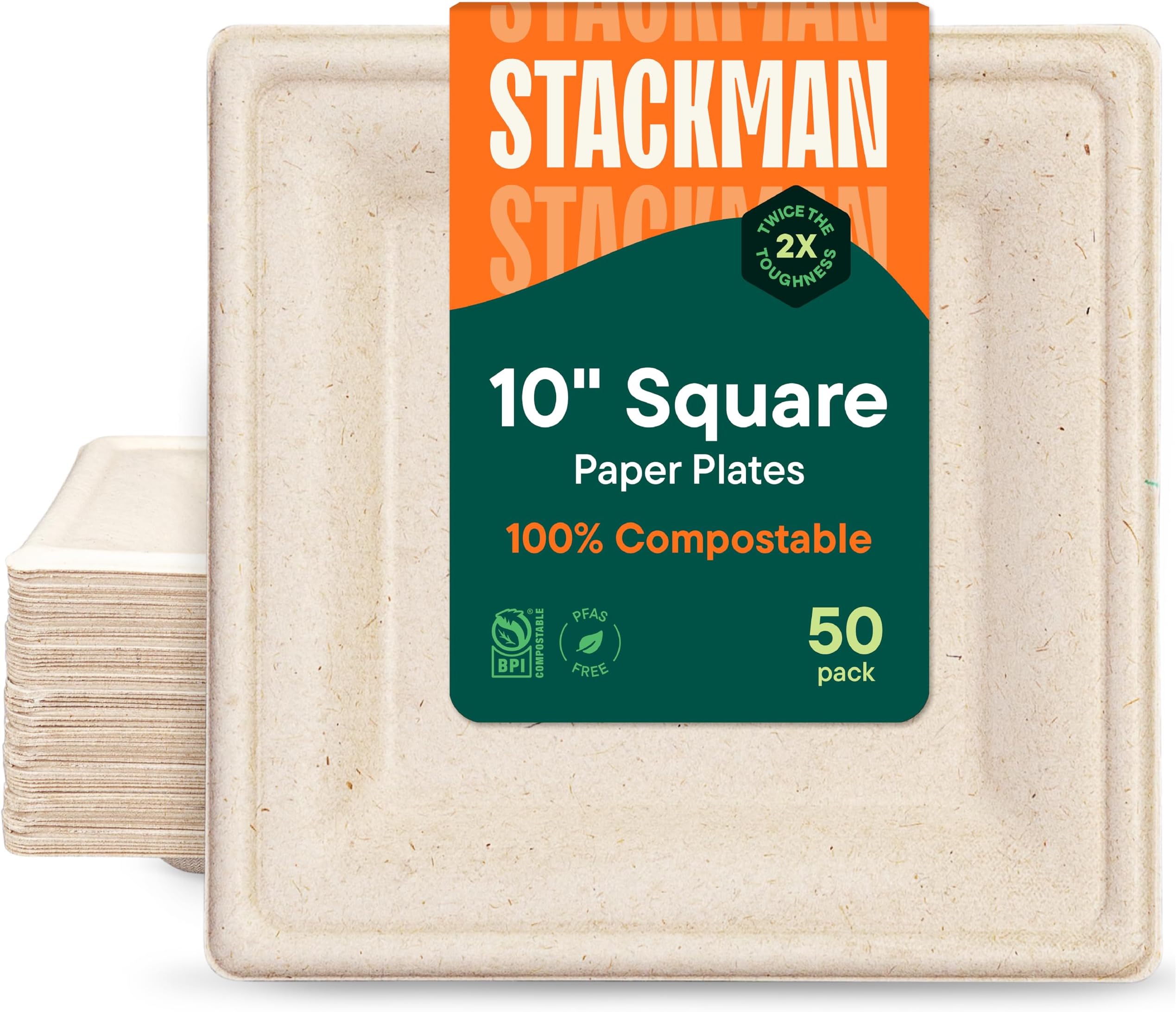 100% Compostable Square Paper Plates [10 inch - 50-Pack] Elegant Disposable Dinner Plates Heavy-Duty Quality, Natural Bagasse Unbleached Eco-Friendly Made of Sugar Cane Fibers, 10" Biodegradable Plate