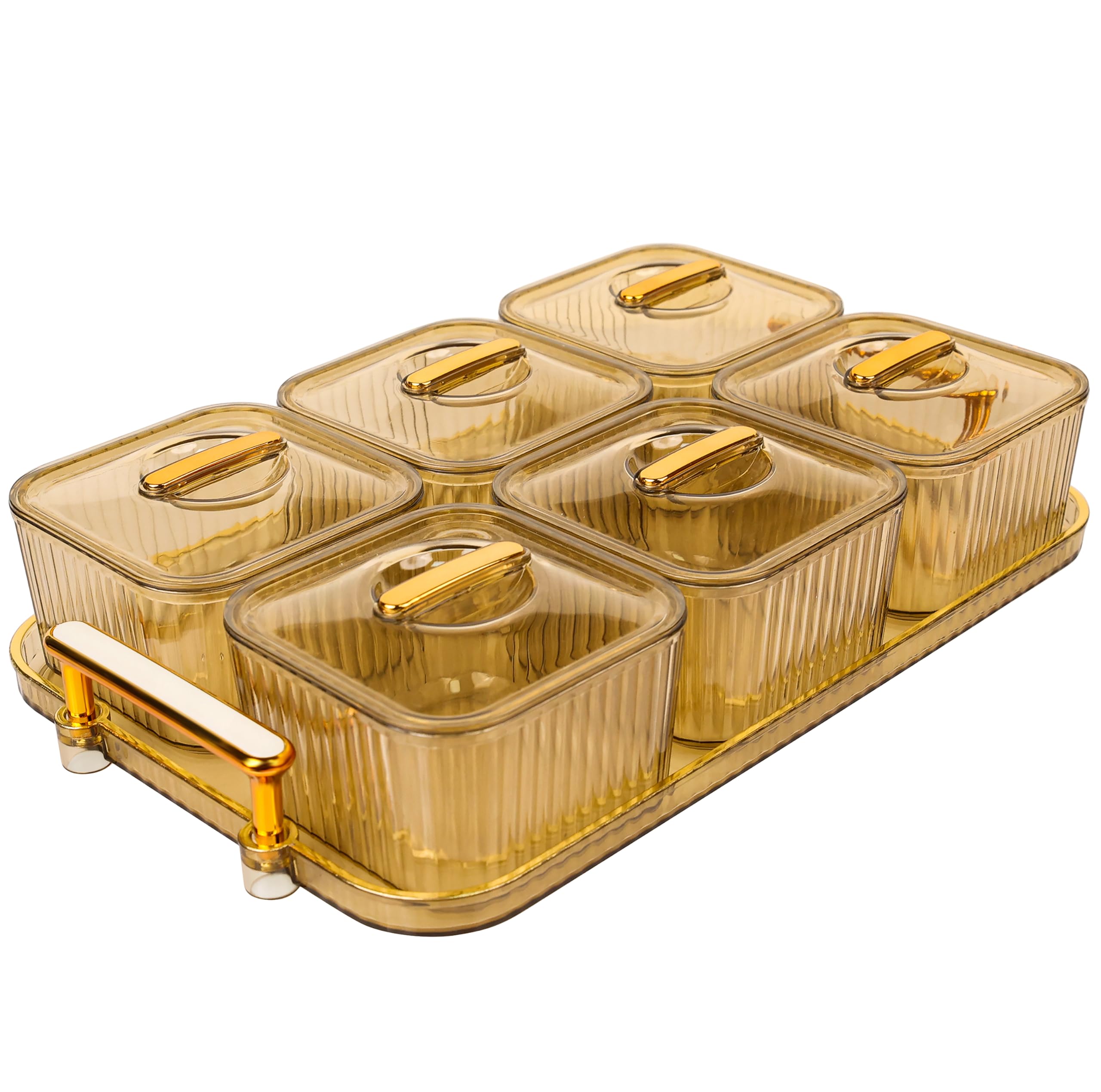 Birch & Co. 6 Dry Fruit Container with Serving Tray, 2000ml, Snack Platter Set, Decorative Countertop Spice & Sweet Storage Containers with Clear Lids & Silver Handles, Cream & Gold-image-44