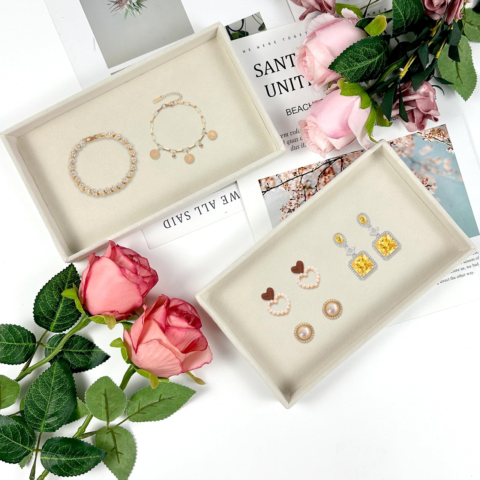 Lot de 12 plateaux à bijoux en velours de qualité supérieure, empilables, de 21,1 x 12,7 x 2,5 cm, inserts organisateurs de tiroirs à bijoux pour femmes et filles, plateaux de rangement et