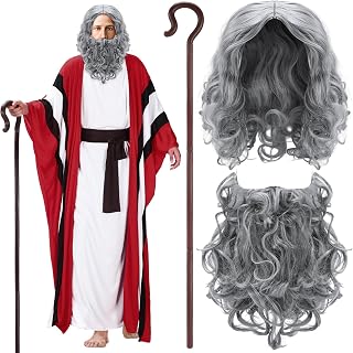 6 Pcs Mose Costume Satin Pesach Biblical Costumes Accessory Wig Beard Cane for Passover Seder Church Plays Adult