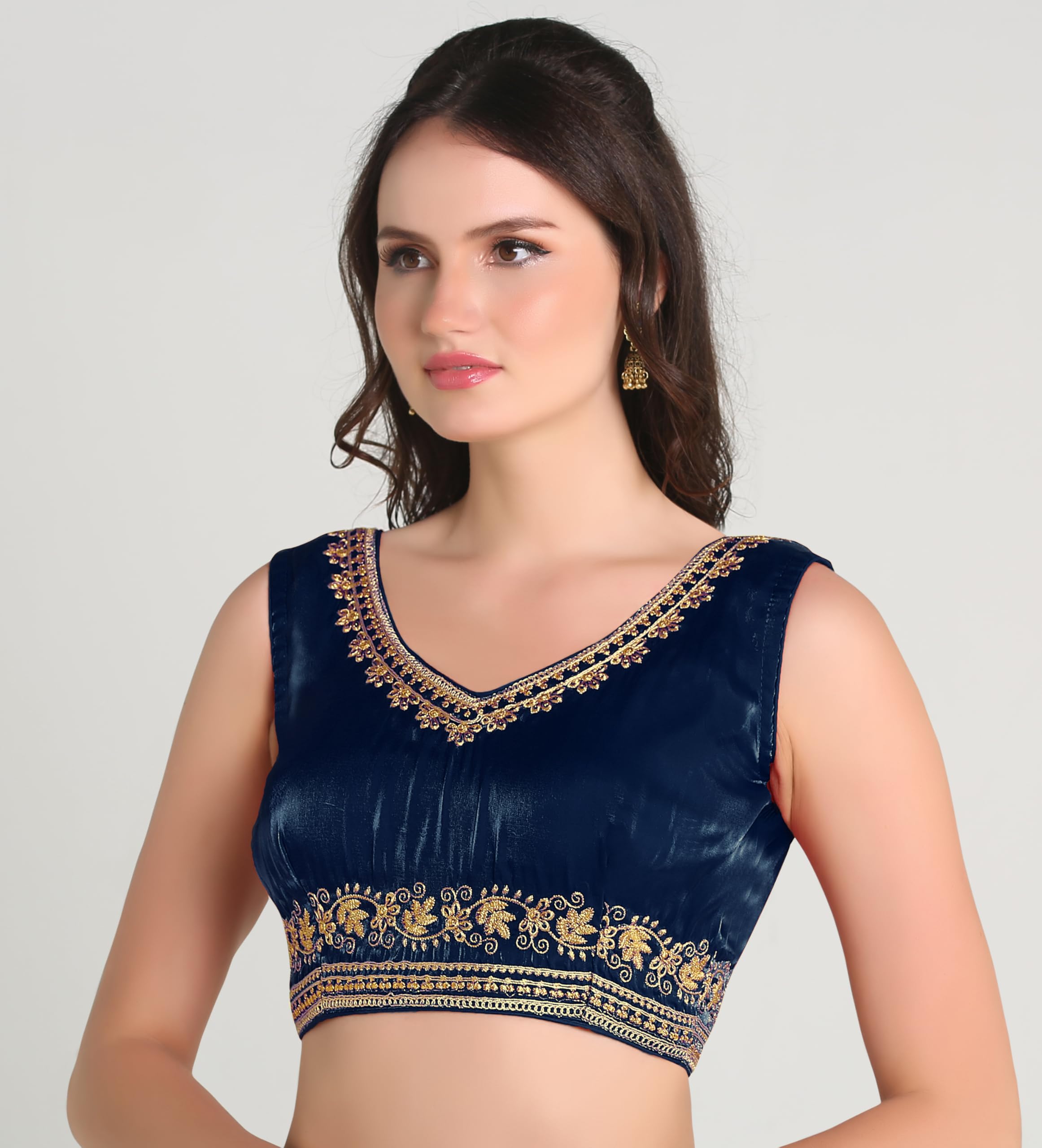 Pujia Mills Women's Heavy Milan Silk Sequin Embroidered V Neck Sleeveless Readymade Saree Blouse Indian Ethnic Designer Stitched Saree Blouse Sleeveless Blouse Readymade Blouse (Morpeach, 32)