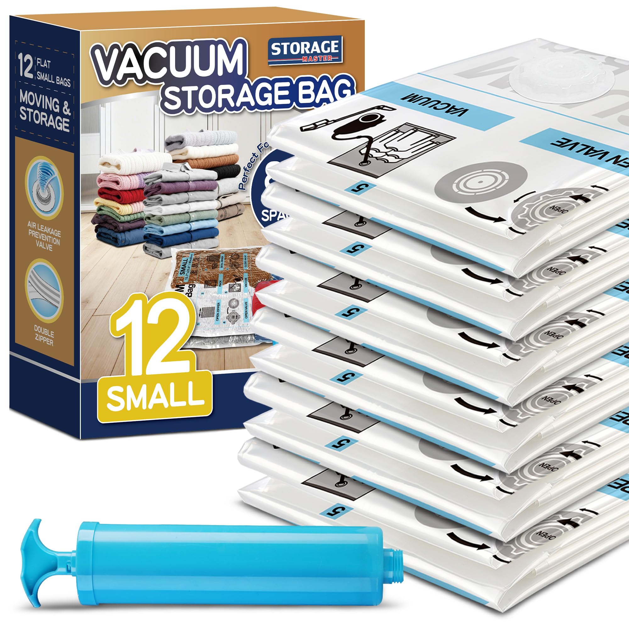 STORAGE MASTER Vacuum Storage Bags, Space Saver Bags 80% More Storage Space, With Hand Pump (12, Small)