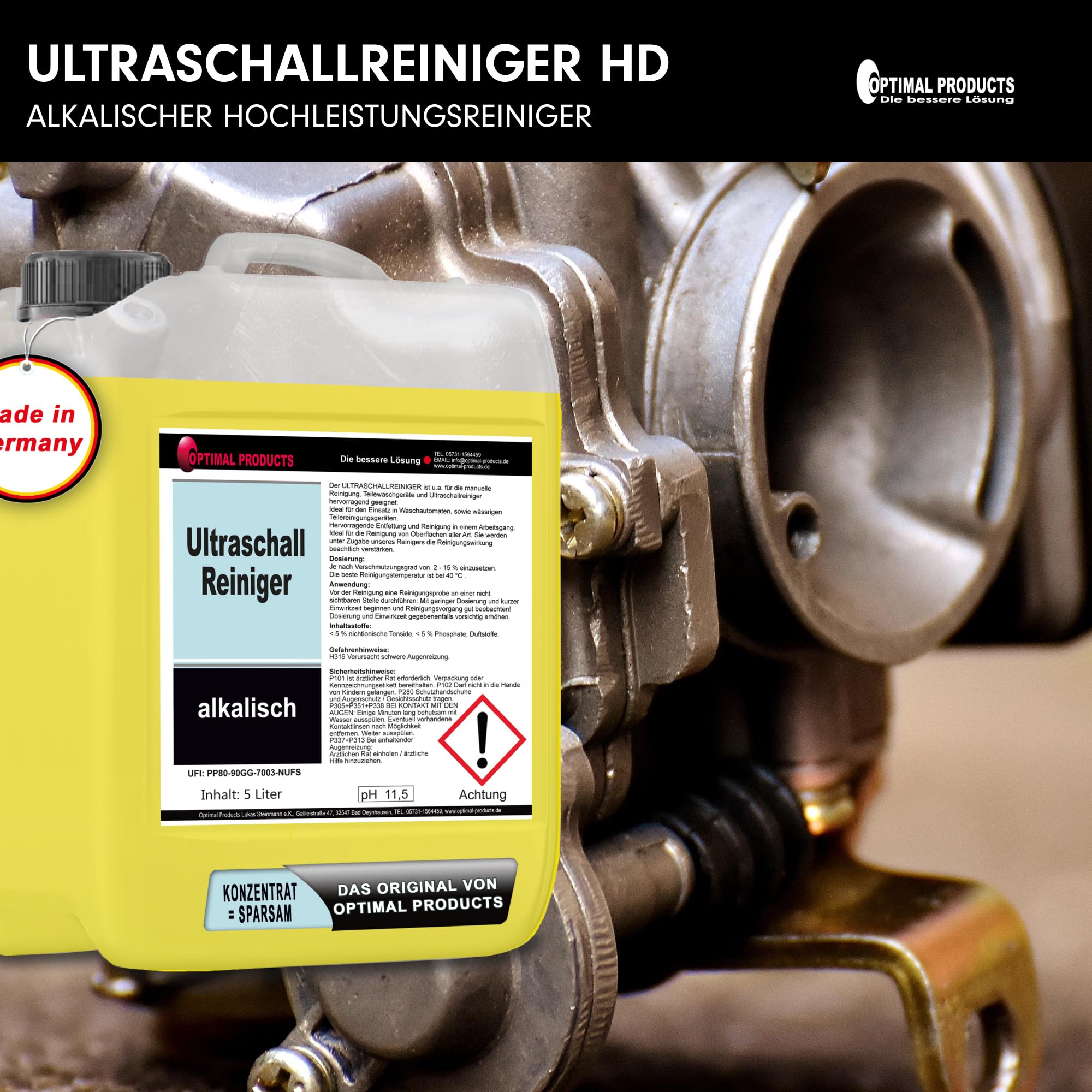 Optimal Products Konzentrat Ultraschall Reiniger I Alkalische Allzweck Reiniger für exzellente Entfettung & Reinigung 20l