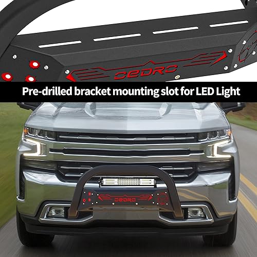 Miniatura 4 de oEdRo Red Bull Bar Fits 2019-2023 Chevy Silverado 1500GMC Sierra 1500, Pickup Front Bumper Brush Guard Textured Black, wRed Skid Plate & Light Mount