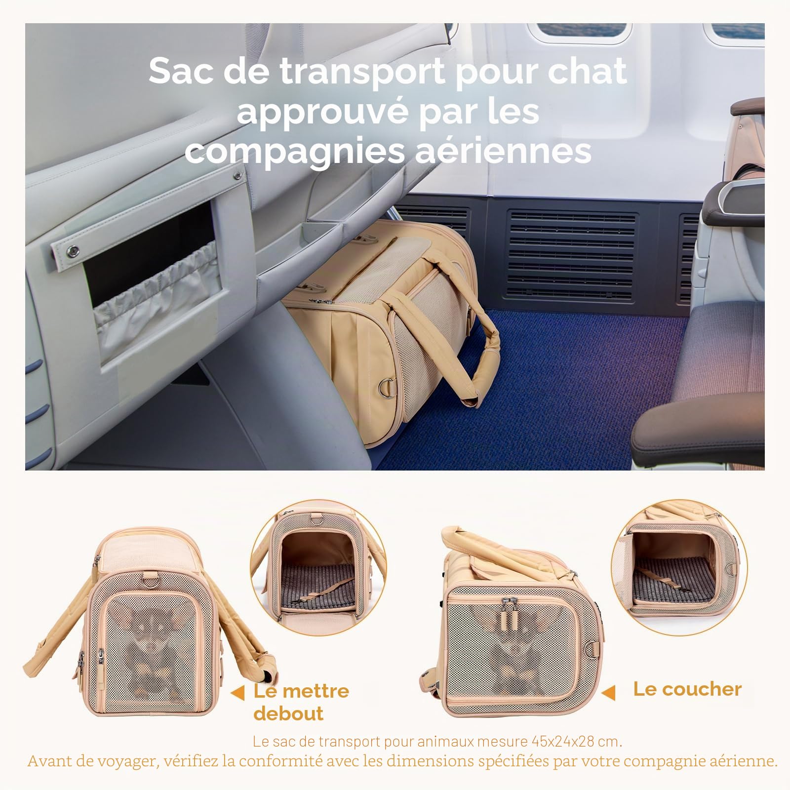 Sac de Transport Chat Petit Chien Avion Homologué avec Ceinture Auto, Coussin Anti-Poils, Lavable, Mesh Anti-Griffure, Pliable, Cuir Imperméable, Aéré, 3 Poches, Portable pour Voyage Train Véto