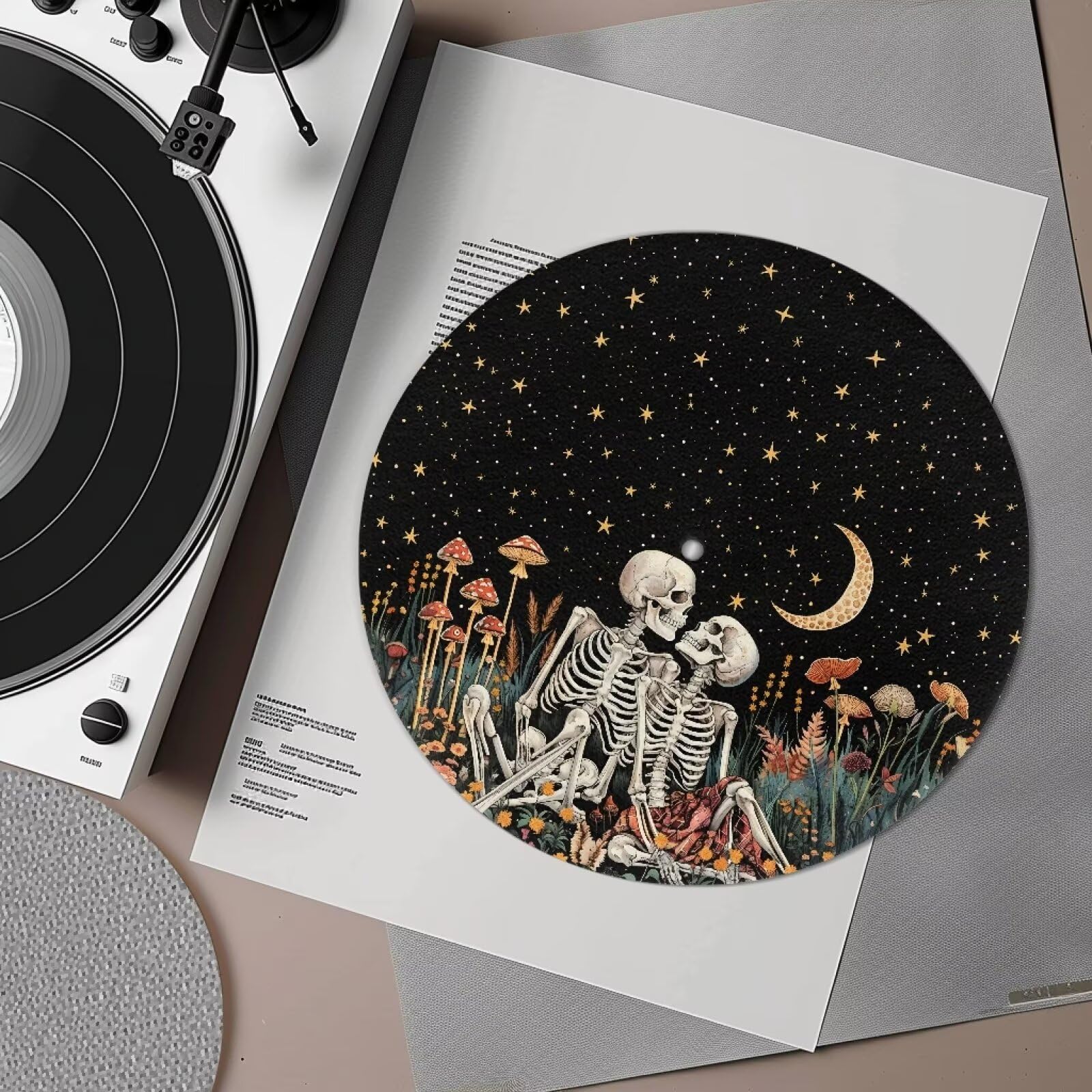 GLENLCWE Moon Skeleton Flower Slipmats for Record Player Antistatic Reduces Noise Dust Record Player Mat Rubber Mat Turntable Platter Slipmat for 12"