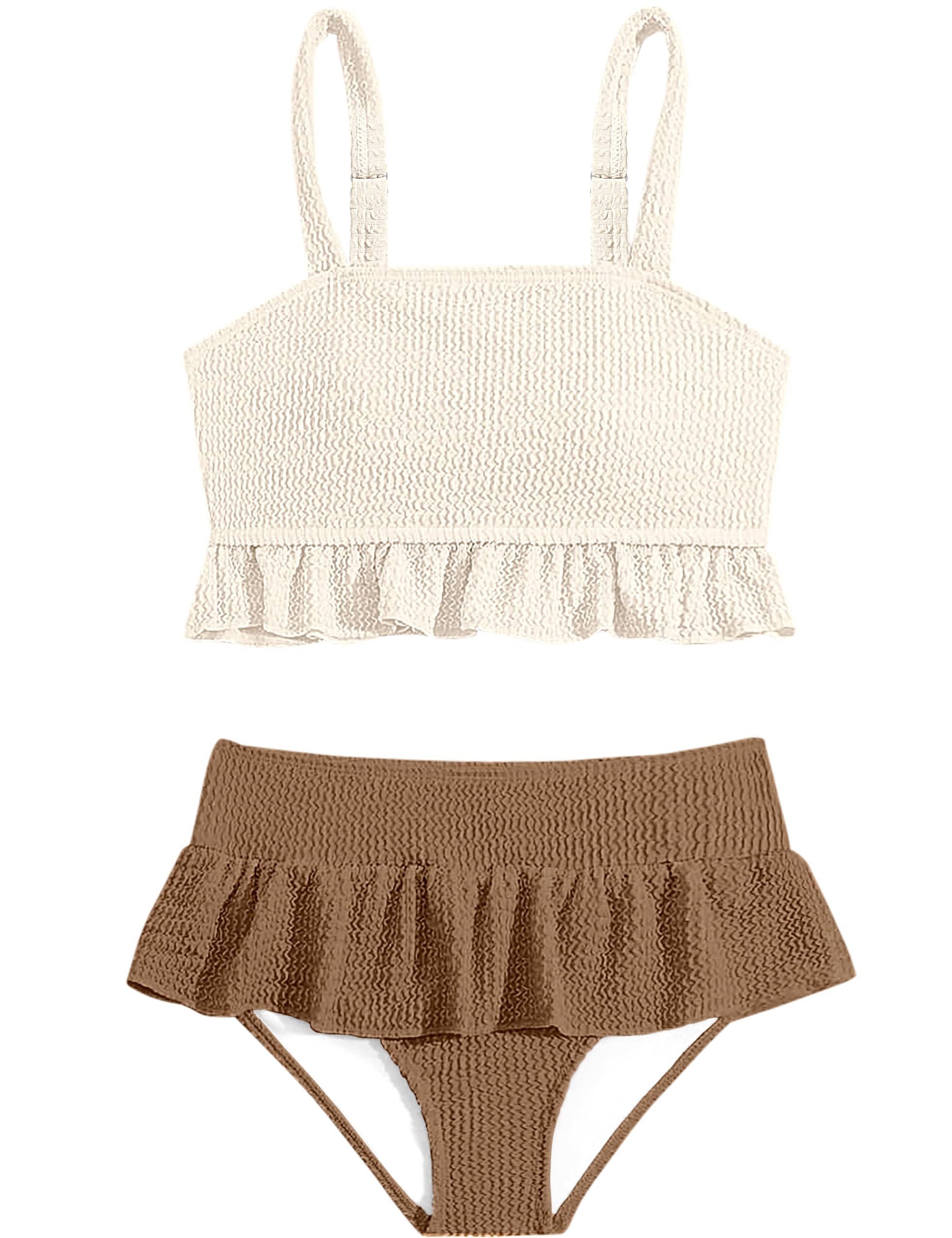 MIGU Girls Bathing Suits Size 8-10 Girls Bikini Beige Brown Adjustable Straps with Ruffled Hem Girls Swimsuit 2 Piece Swimsuit for Girls Swimwear 9-10