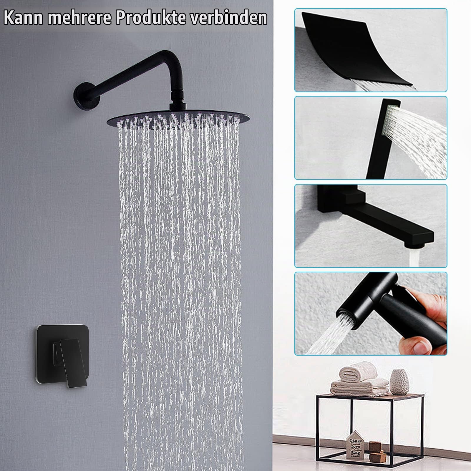 Unterputz Duscharmatur, Unterputzarmatur Armatur Unterputz Dusche Bad Unterputz Badarmatur Wannenarmatur Fertigmontageset Wasserhahn Einhebelmischer Unterputz für Dusche (Schwarz)