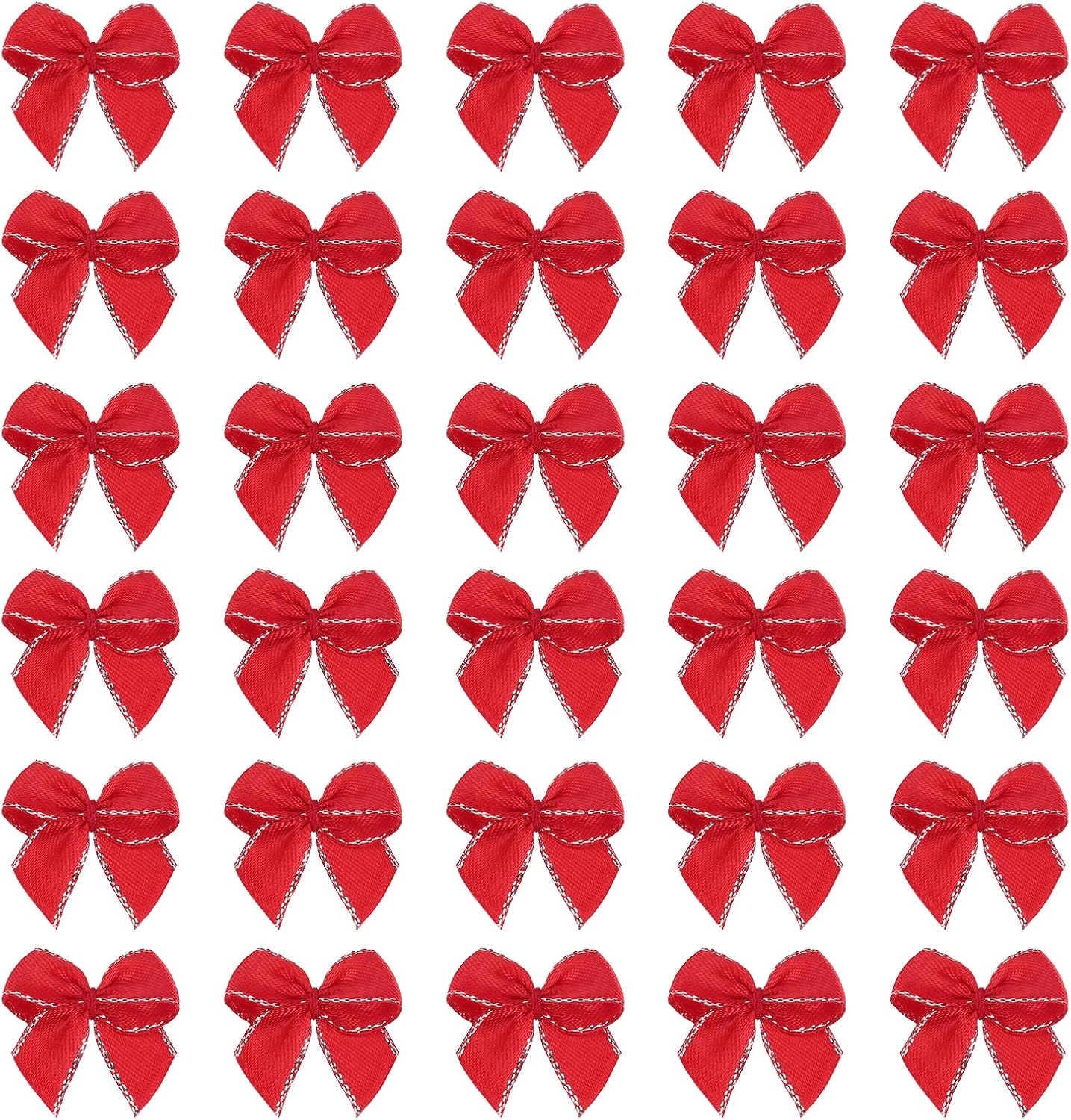 MECCANIXITY Mini Metallic Edge Ribbon Bow. 25x26mm Satin Silver Edge Ribbon Bow Appliques for Crafts DIY Hair Bows Sewing Wedding Party Christmas Decoration, (Pack of 50, Wine Red)