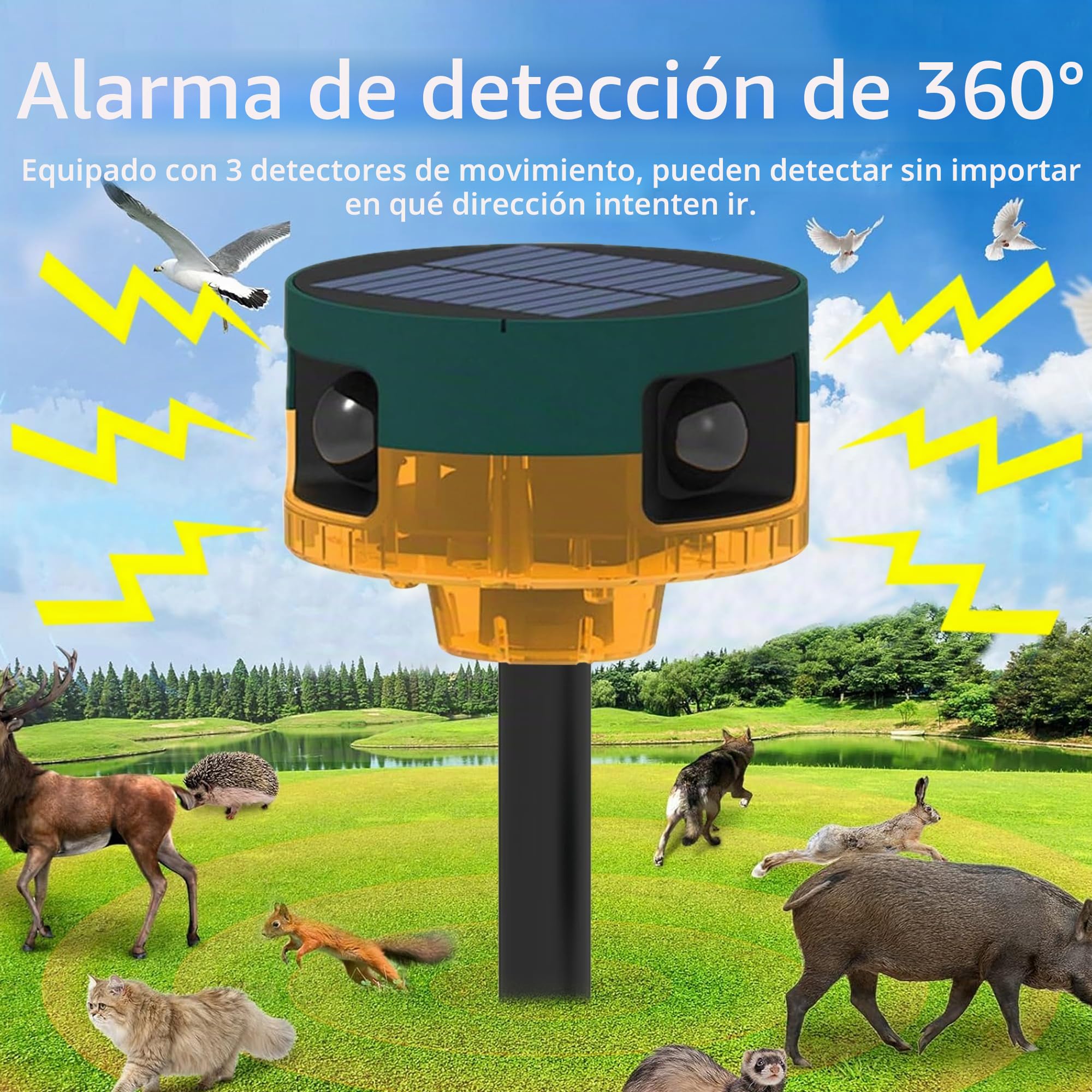 Alarma con Sensor de Movimiento Solar para Exteriores: Sonido de ladridos de Perros y Disparos, Sirena Fuerte de 129 db, admite grabación, 13 Tipos de Sonido (4 Pack)