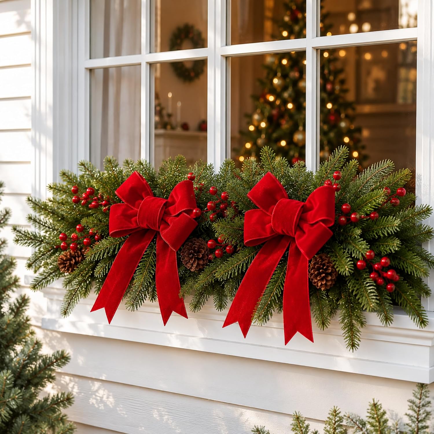 2 Pcs 24 Inch Christmas Swags with Red Velvet Bow for Window