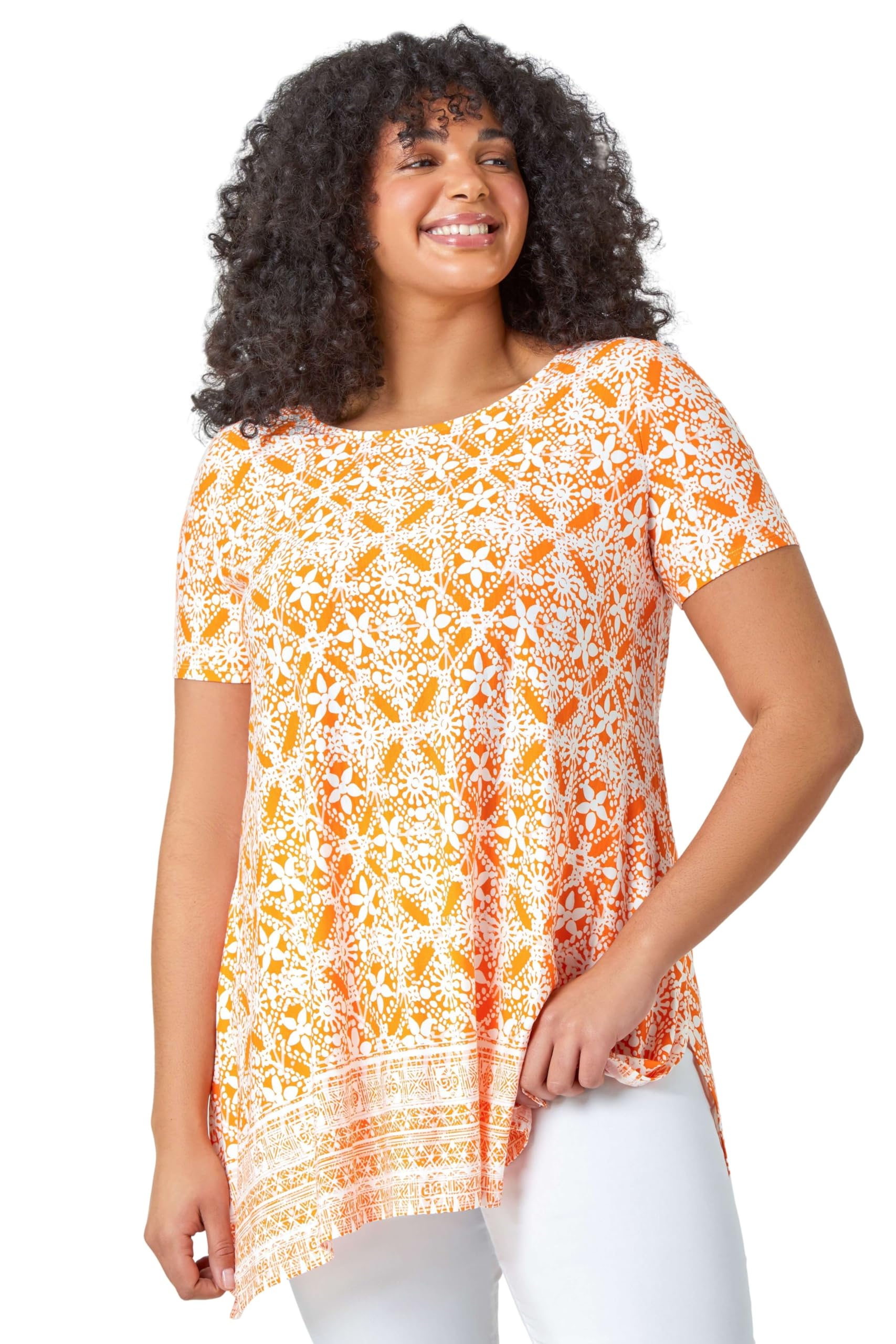 Roman Women's Orange Curve Geo Stretch Jersey Tunic Top In Size 18