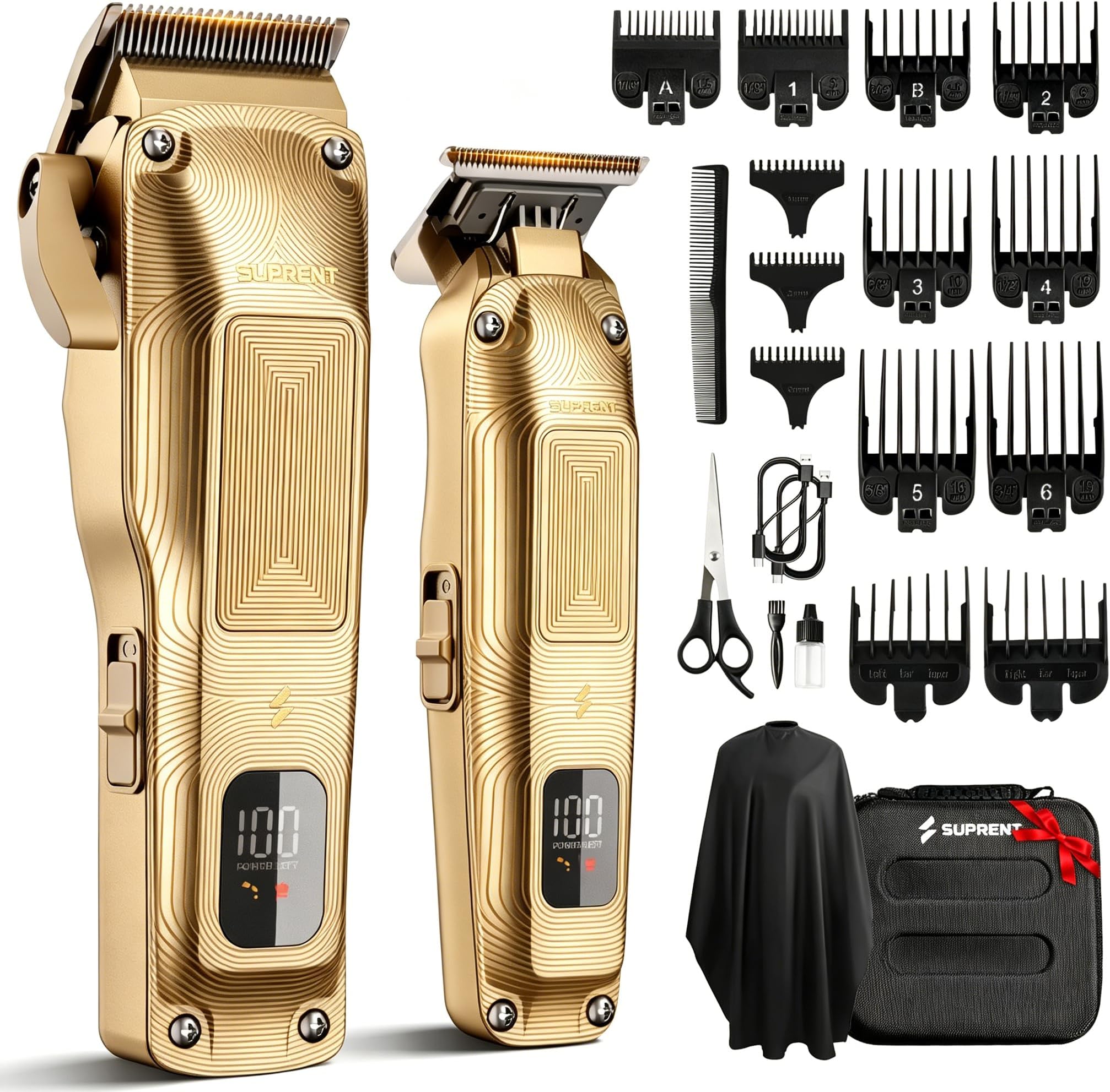 SUPRENT® PRO Professional Hair Clippers for Men- High Torque Brushless Motor with DLC Coated Ceramic Blade, Mens Cordless Hair Clippers Set for Barbers with Charging Base, Fashion Gift for Men (Gold)