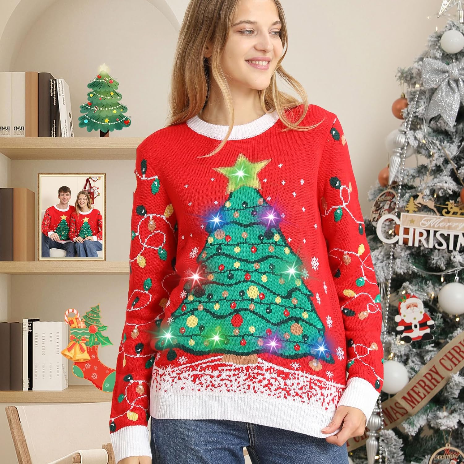 Ugly Christmas Sweater Women Men 2025,Light Up Christmas Sweater for Couples,Funny Reindeer Xmas Tacky Pullover Cute - Image 3
