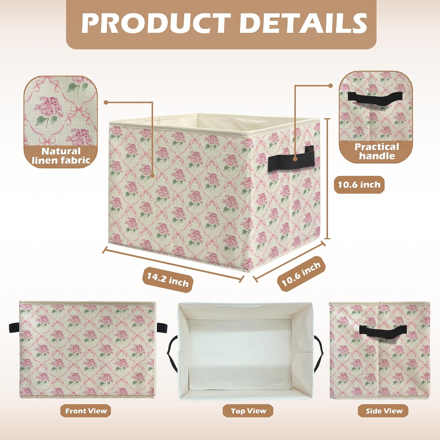 Pink Ribbon Bow Hydrangea Floral Storage Bins, Coquette Preppy Bow Hydrangea Flower Collapsible Storage Box Laundry Basket with Handle for Girls Bedroom Bathroom Clothes Toys Books