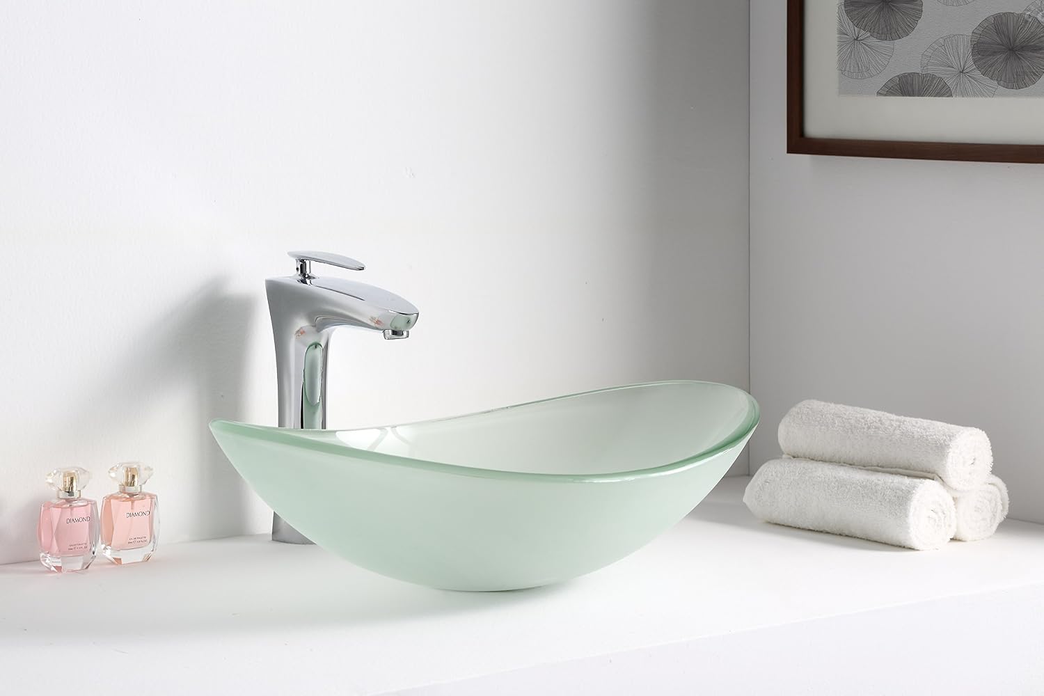 ANZZI Forza Modern Tempered Glass Vessel Bowl Sink in Clear | Top Mount Installation Bathroom Sinks above Counter | Oval Vanity Countertop Sink Bowl in Lustrous Frosted | LS-AZ086
