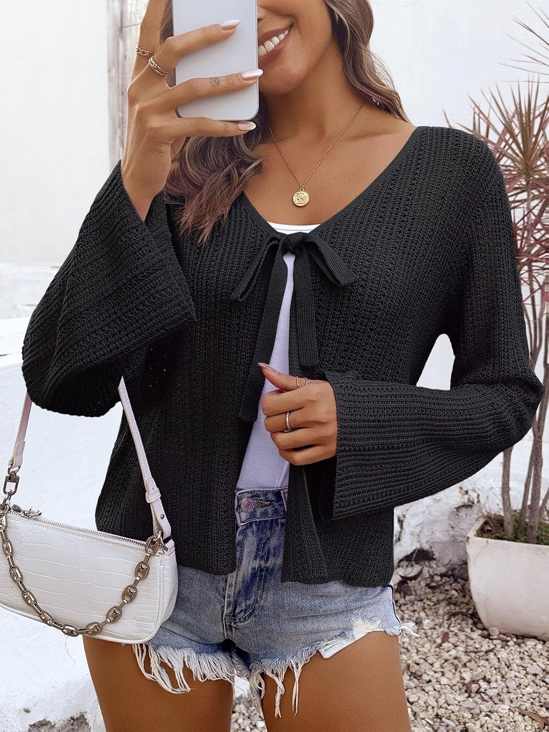 Saodimallsu Womens Summer Crochet Lightweight Cardigans Tie Front Mesh Knit Long Sleeve Casual V Neck Beach Cover Ups - Image 2