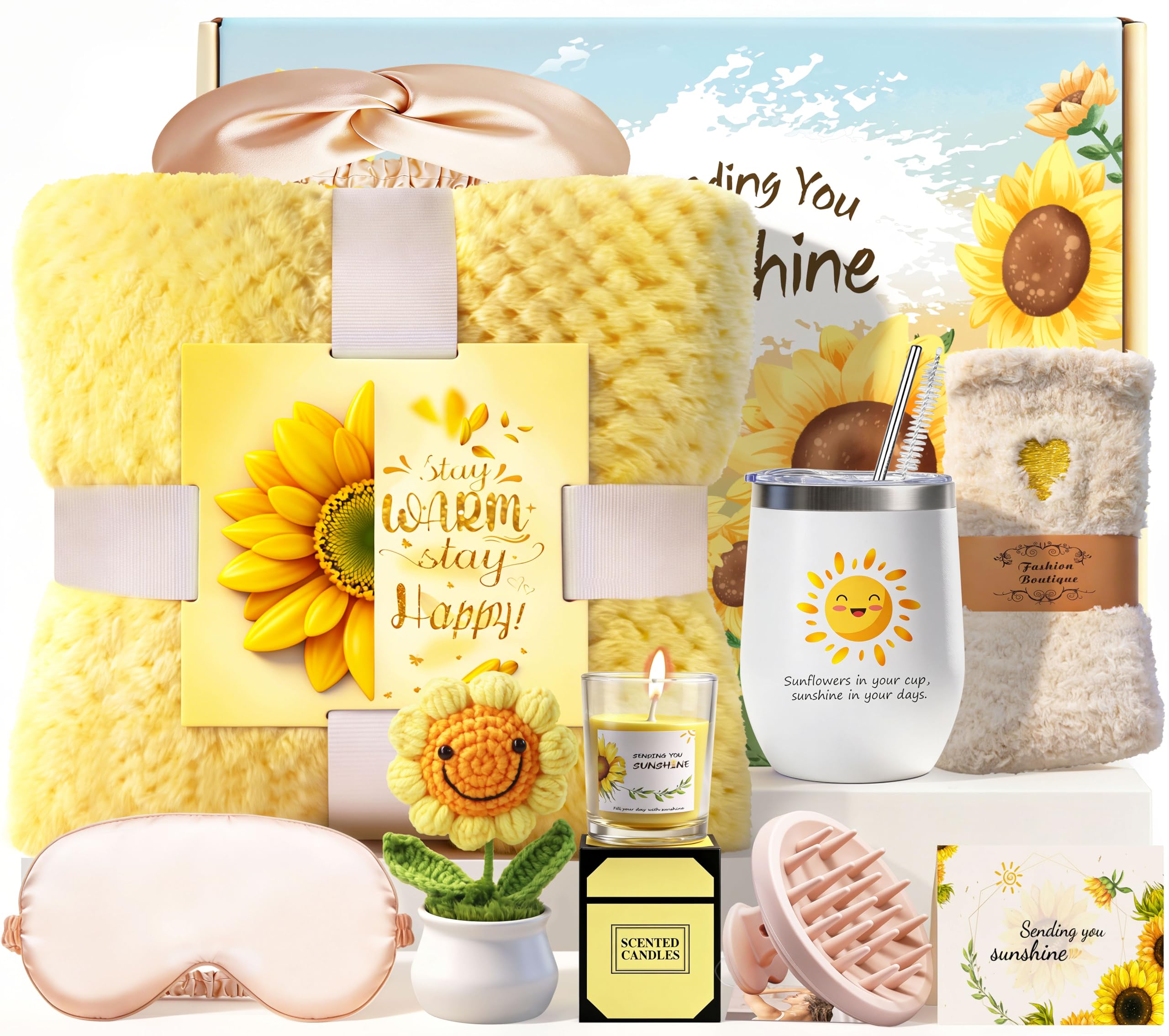 MAIKEHIGH Gifts for Women, Sunflower Pamper Gifts for Women 10PCS Cosy Gifts Set with Flannel Blanket Birthday Presents Hampers Self Care Get Well Soon Gifts for Friends, Mum, Wife, Sister