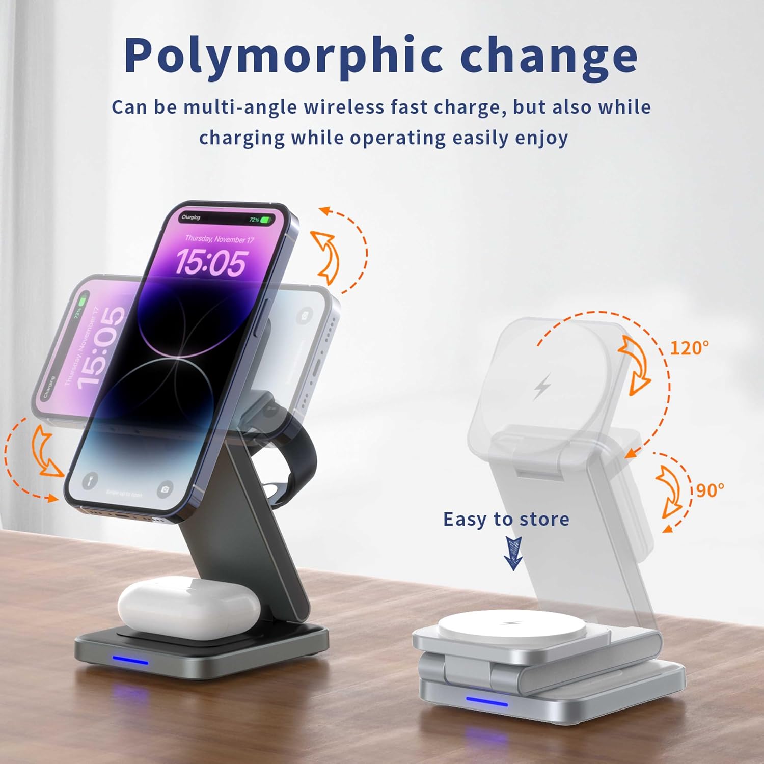 SIMPKEELY 3-in-1 Magnetic Wireless Charging Station, 15W Fast Charger Stand for iPhone/Apple Watch/AirPods, Foldable Design (Gray)