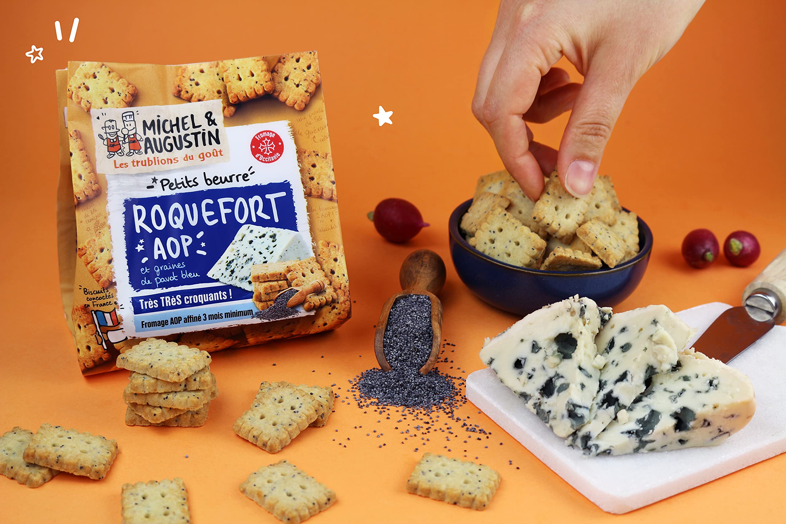 Michel & Augustin – Petits Beurre Salés au Roquefort AOP et Graines de Pavot Bleu – Biscuits Apéritifs Gourmands – Fabriqués en France – 100g x 8