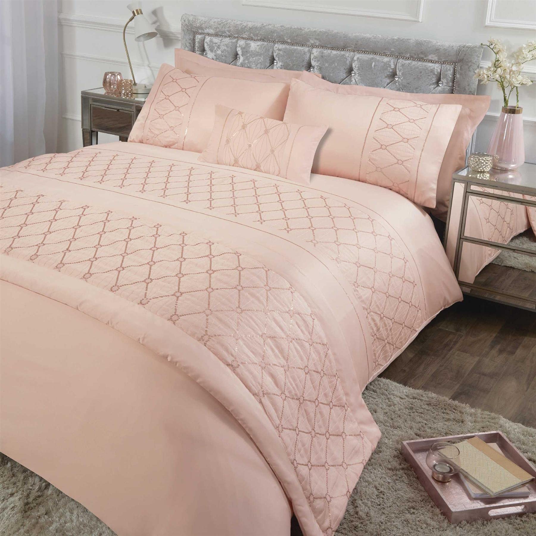 Rapport Home Belle Maison Monaco Blush Sequined Diamond Geometric Super King Duvet Cover Set Bedding Set
