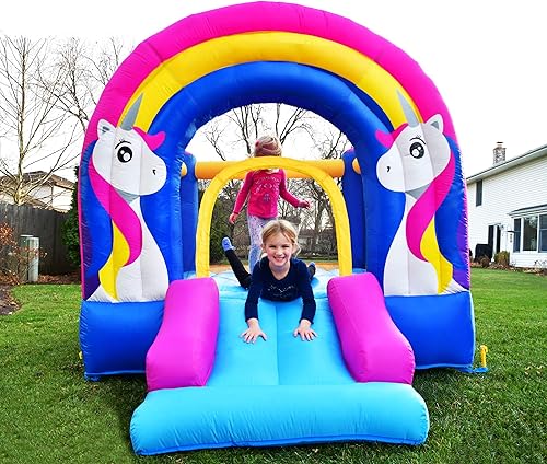 Miniatura 5 de Bounceland Casa inflable de unicornio arcoíris con tobogán, 9.8 pies de largo x 6.8 pies de ancho x 6.5 pies de alto, soplador certificado UL