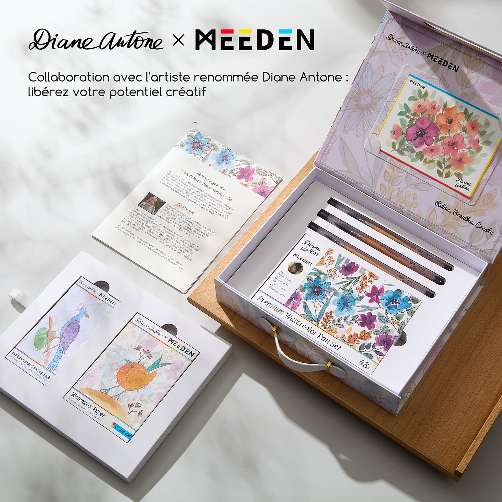 MEEDEN Diane Antone Ensemble de peinture aquarelle portable 48 couleurs avec 3 pinceaux aquarelle, pages de coloriage de doublure, papier aquarelle et cartes postales – Fournitures d'art pour adultes