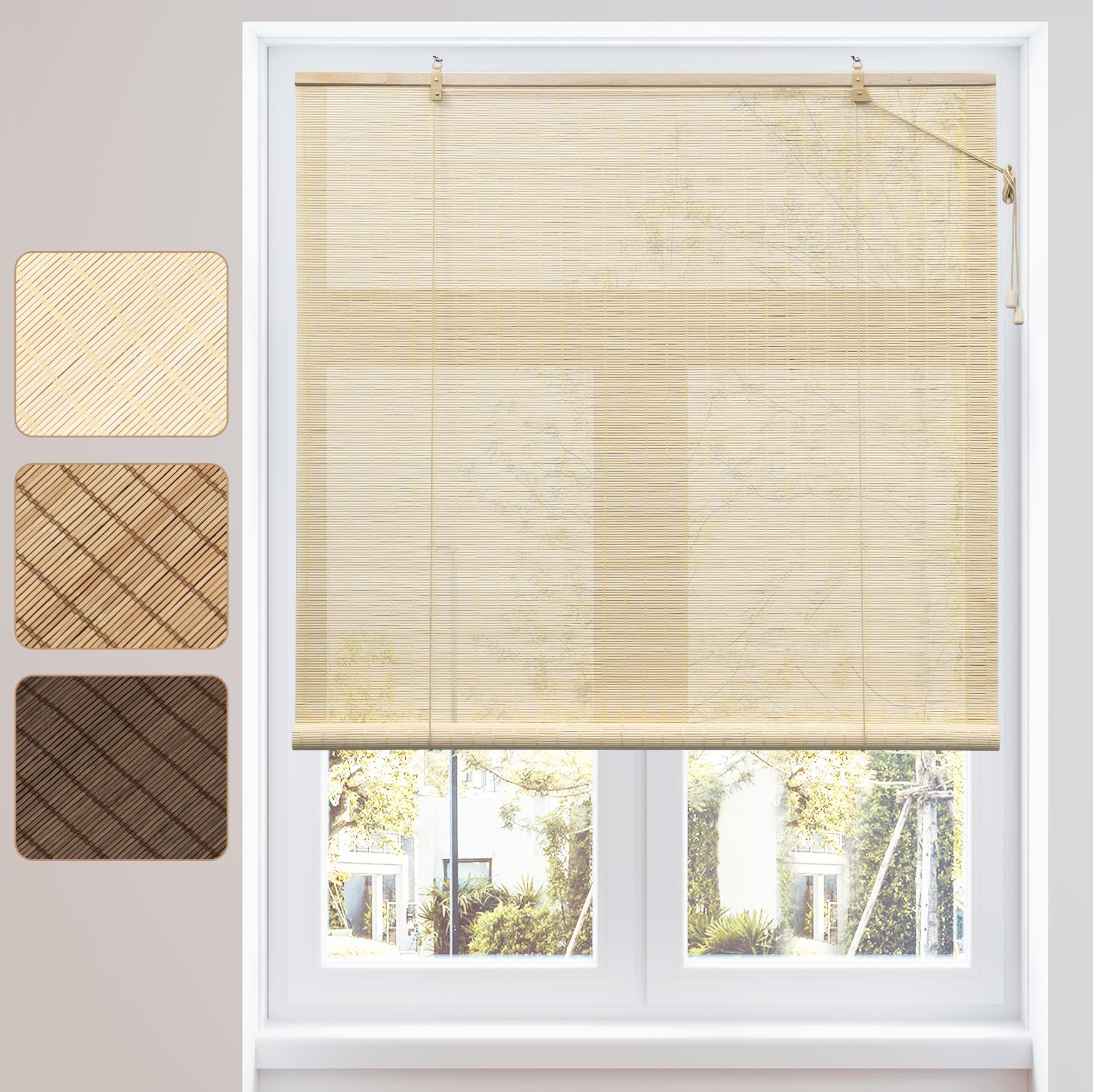 WOLTU Tenda a Rullo in Bambù, Protezione Solare, Protezione della Privacy, Oscurante da Interno a Rullo per Finestra/Porta, Tenda di Ventilazione, Naturale, 100x220 cm