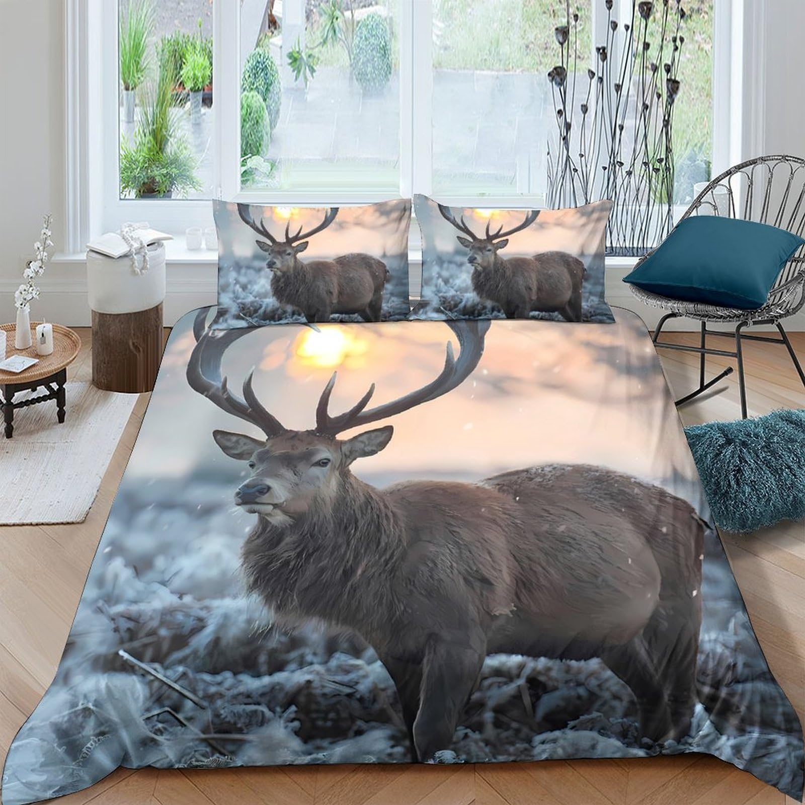 Ctjqhvkz Style-3 3D Printed Forest Deer Fitted Sheet Microfiber Soft Breathable Sunrise Elk Bed Cover For Bedroom Dorm Mattress Protection Decor Single（135X200cm）