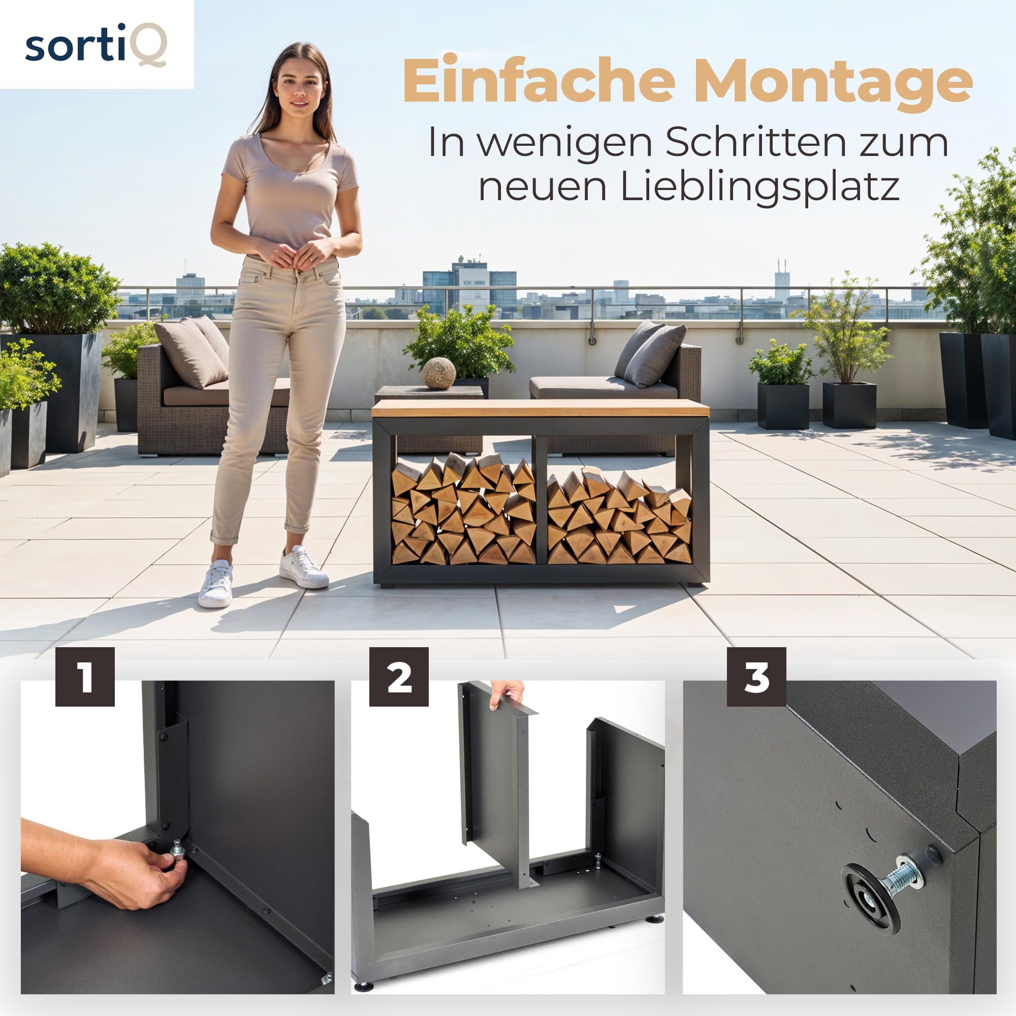 Holzlager Bank - Sitzbank mit Stauraum, feuerverzinktes, pulverbeschichtetes Stahlblech | Douglasie-Sitzfläche | Wetterfeste, Moderne Sitztruhe | Storage Bench | Made in Germany (90 x 50 cm)