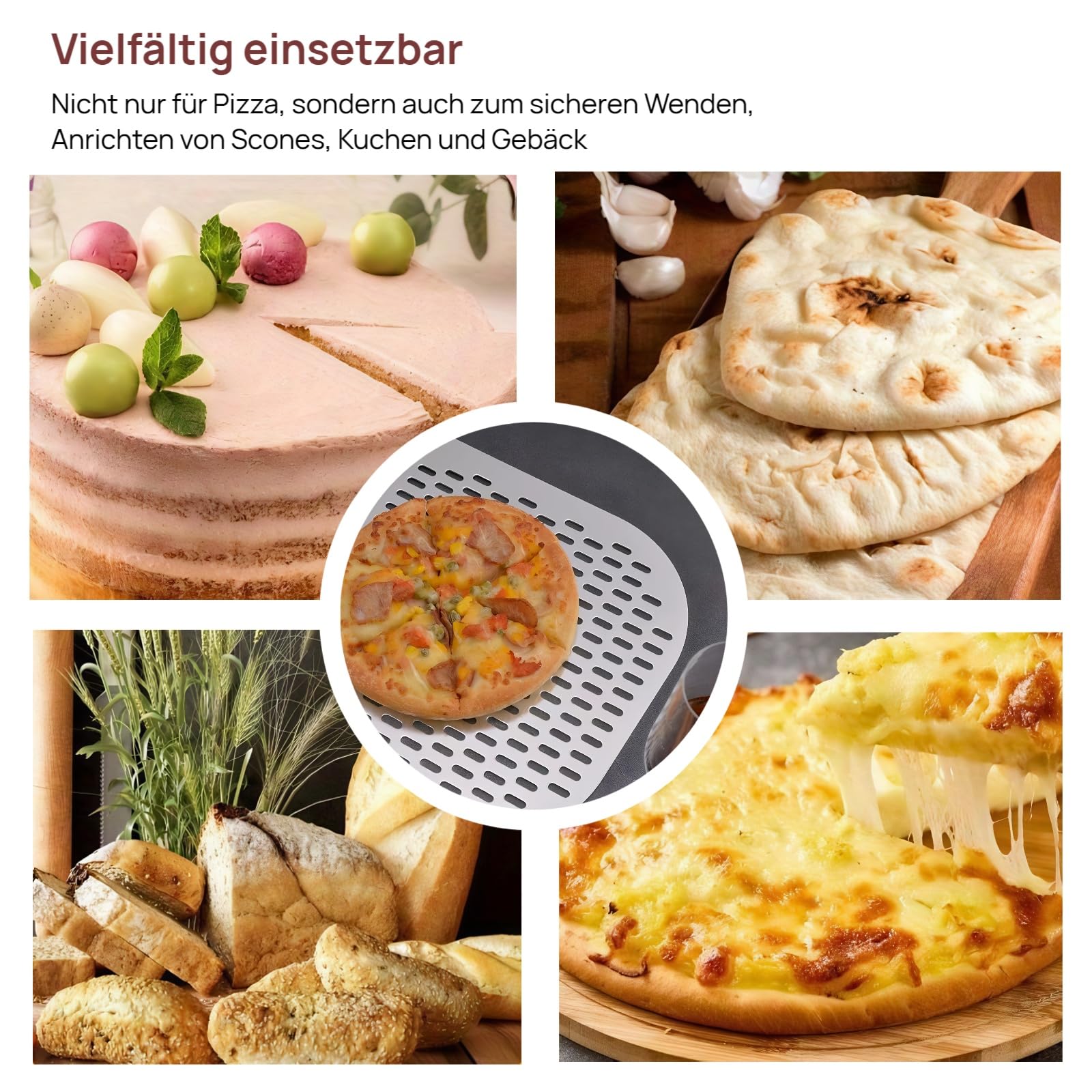 Pizzaschieber，Hochwertig Perforierter Pizzawender， 35x30cm Aluminium Pizzaschaufel mit 88cm Super lang Abnehmbarem Eichengriff für Pizzastein, Backofen & Gasgrill
