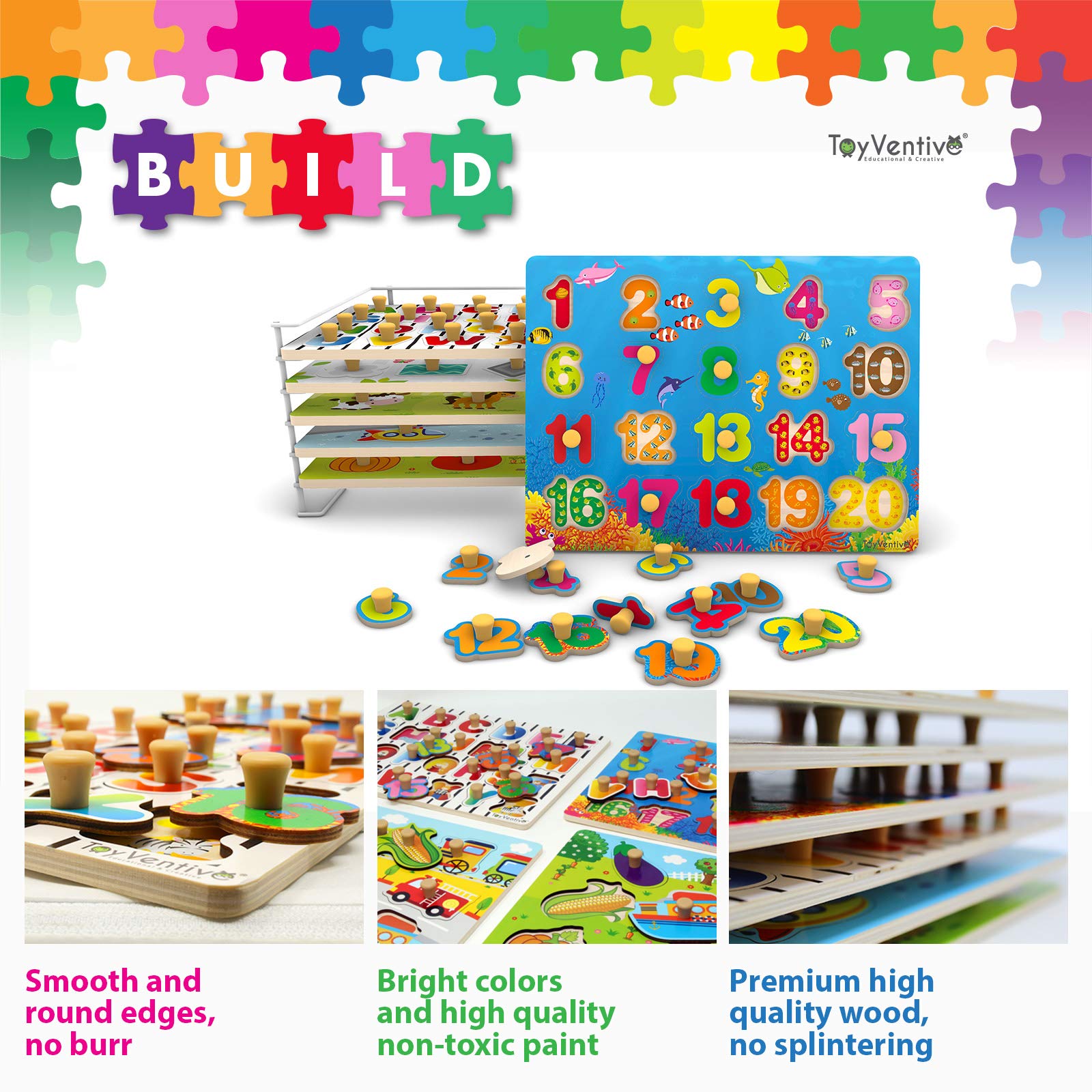 TOYVENTIVE Wooden Peg Puzzles for Toddlers 6 Pack with Wire Puzzle