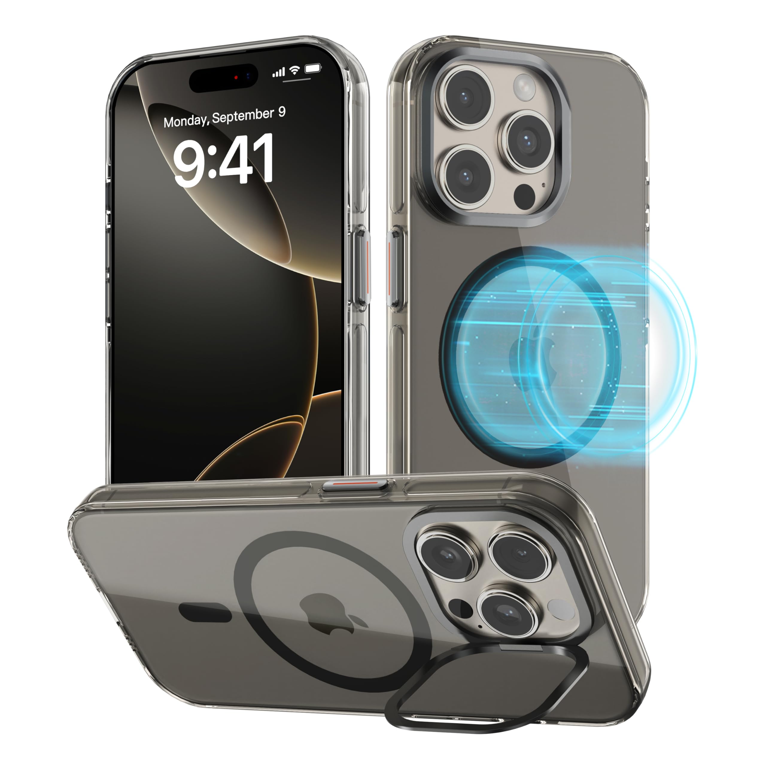 Designed for iPhone 15 Pro Case, Compatible with MagSafe, Clear Slim Phone Case with Built-in Aluminum Alloy Stash Stand, Anti-Yellowing, Metal