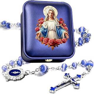 Rosary Necklace for Women - Cat's Eye Beads with Virgin Mary Medal & PU Leather Gift Box, Catholic Miraculous Medal Rosary