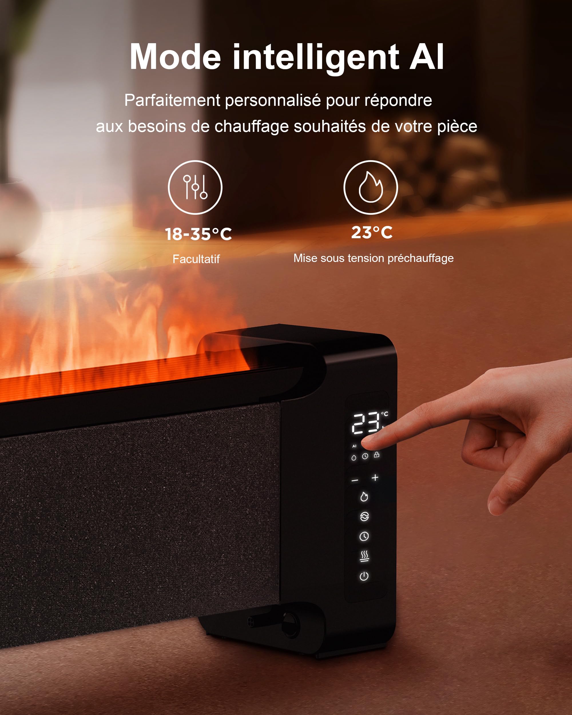 Airmate Grande Plinthe Cheminée Electrique 45" et Humidificateur 2 en 1 avec Télécommande, Chauffage Silencieux pour Grandes Pièces avec Flamme Réaliste, Commande Tactile LED 2000W