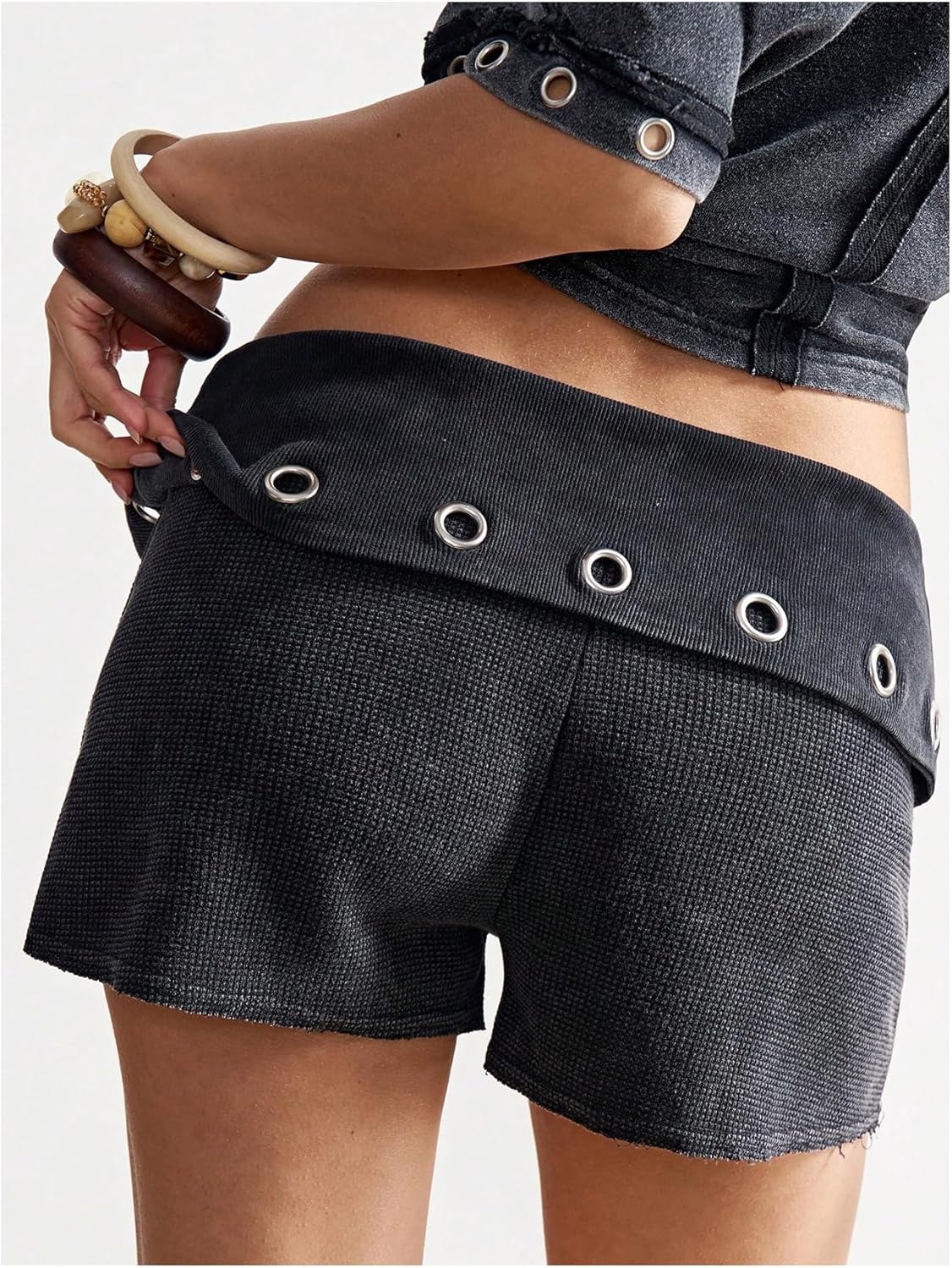 Floerns Women's Punk Y2k Fold Over Mini Shorts Low Rise Grommet Eyelet Rave Club Micro Shorts