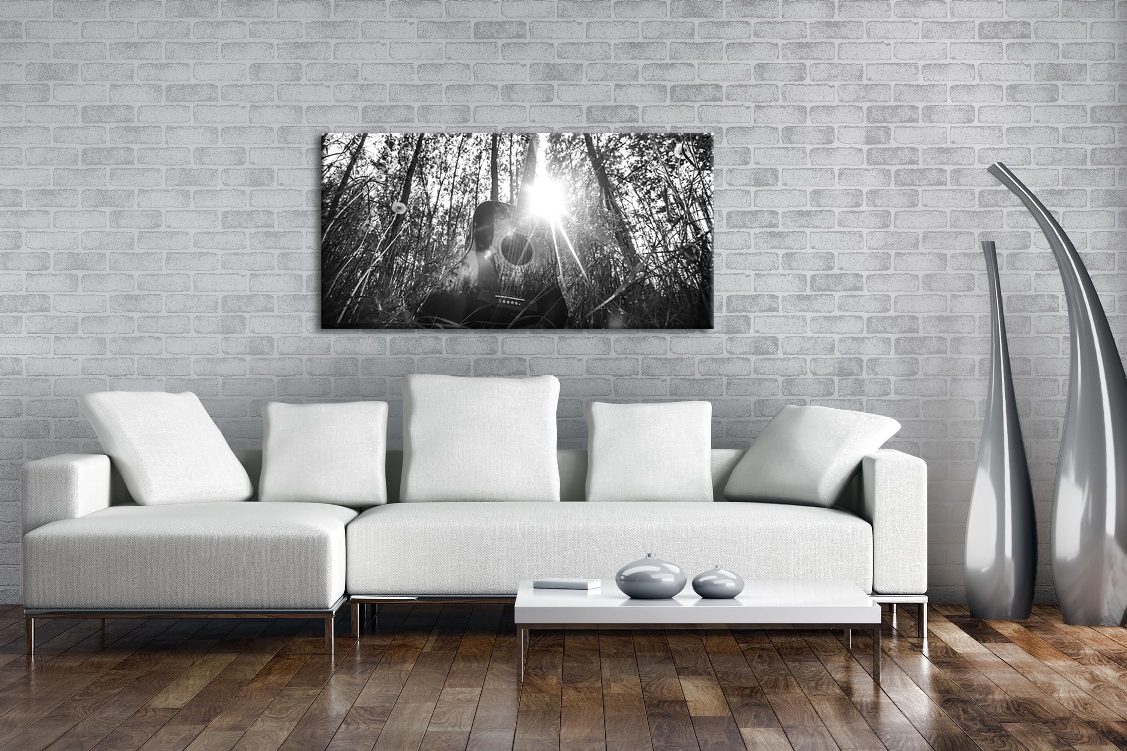 Chitarra acustica nella foresta idilliaca panoramica, 120 x 60 cm, effetto: nero/bianco come tela su tela, motivo già incorniciato su telaio in vero legno, stampa digitale di alta qualità con cornice