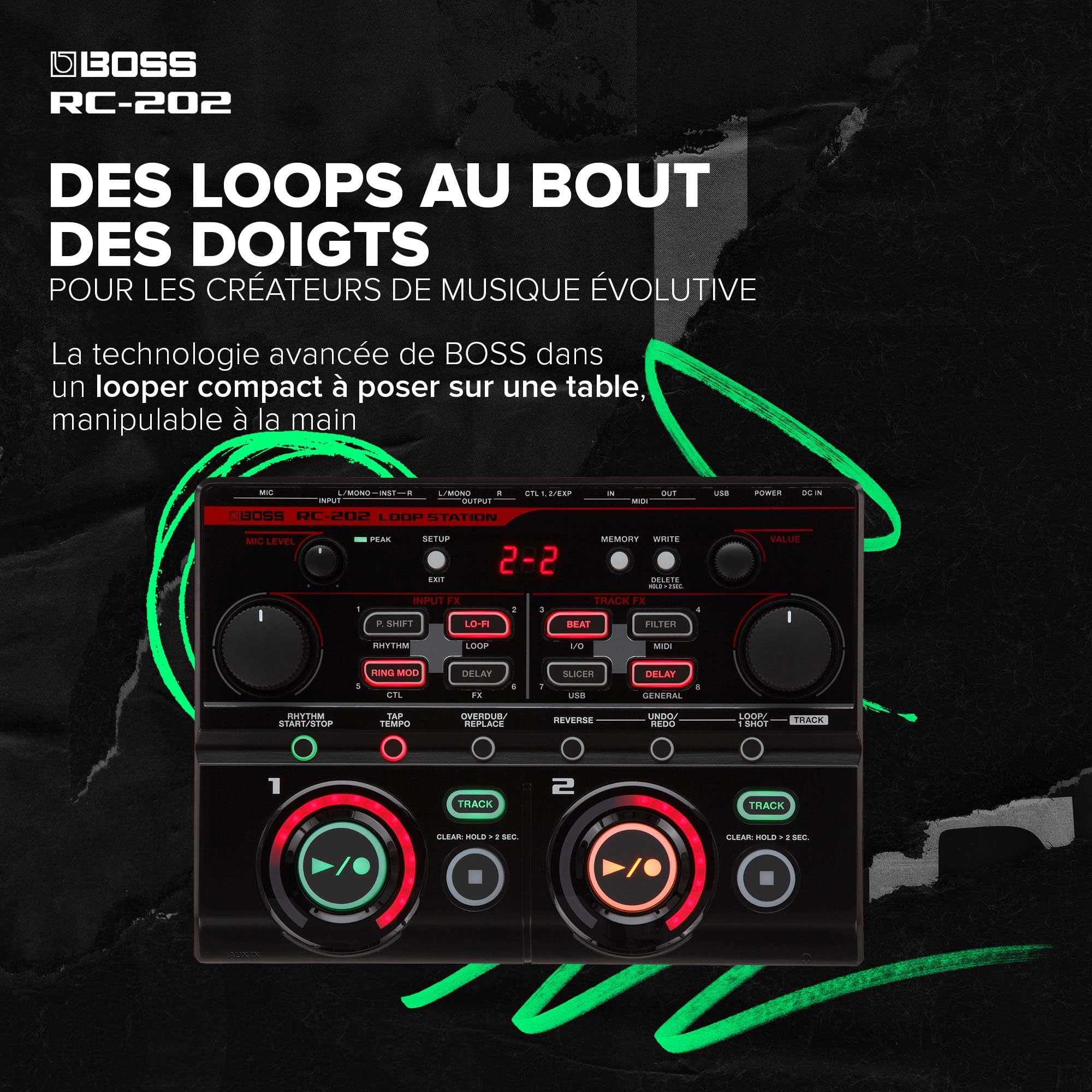 Loop Station RC-202 BOSS | Des loops au bout des doigts pour les créateurs de musiques évolutives | Deux pistes stéréo | 64 mémoires de phrase | Interface USB Audio/MIDI