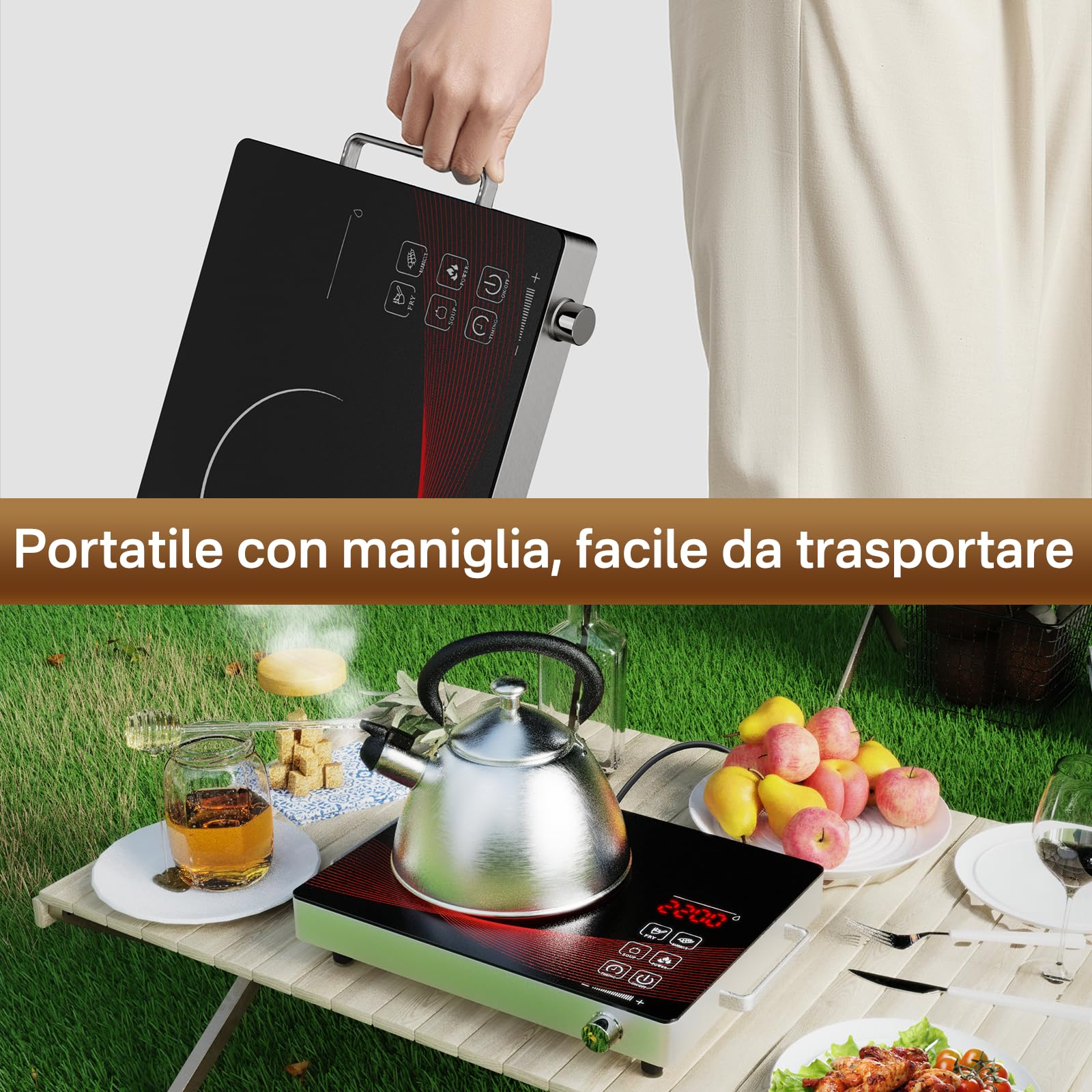 Fornello Elettrico 1 Piastra 2200W, Portatile Infrarossi Piano Cottura Elettrico Vetroceramica con Timer, Singolo Fornello per Campeggio e Casa, Comandi Touch e Manopola Rotante, 220V