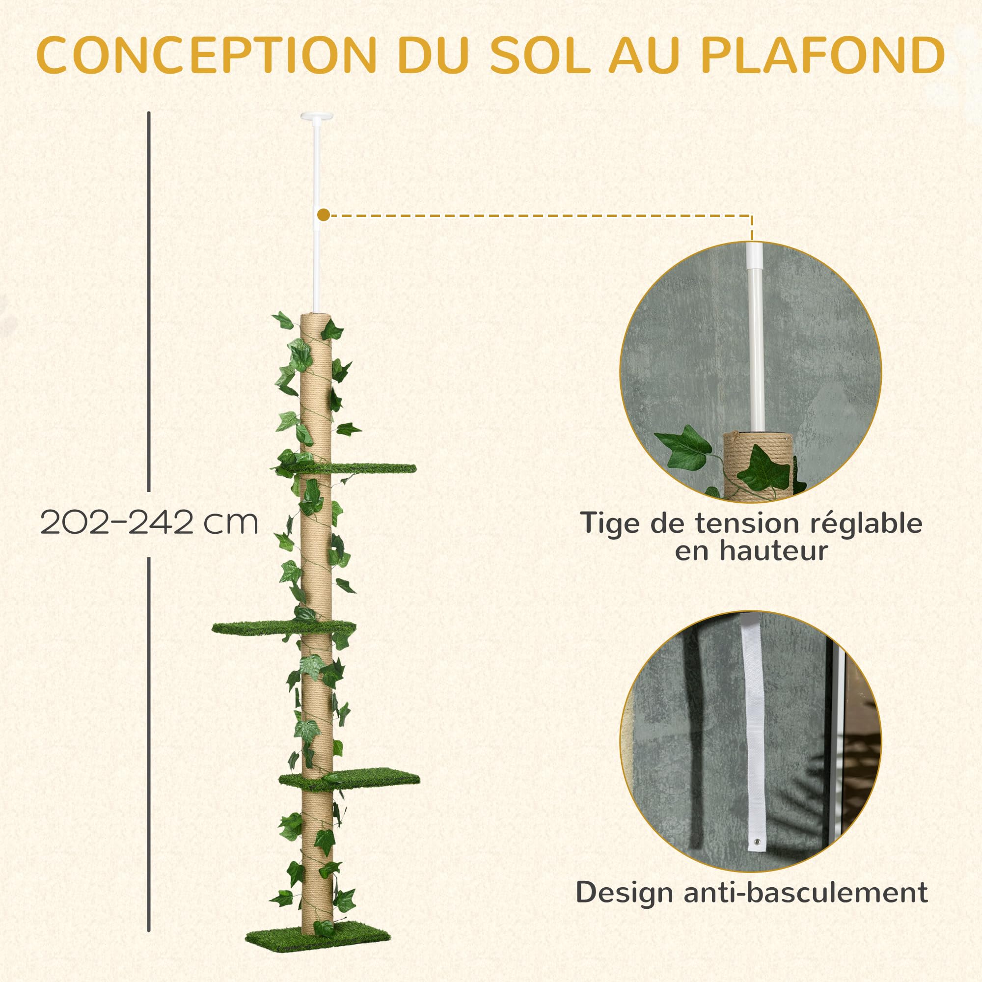 PawHut Arbre à Chat Poteau à griffer Fixation Plafond Hauteur réglable 37 x 21 x 202-242 cm 4 Niveaux - Gazon et Feuilles artificiels Vert