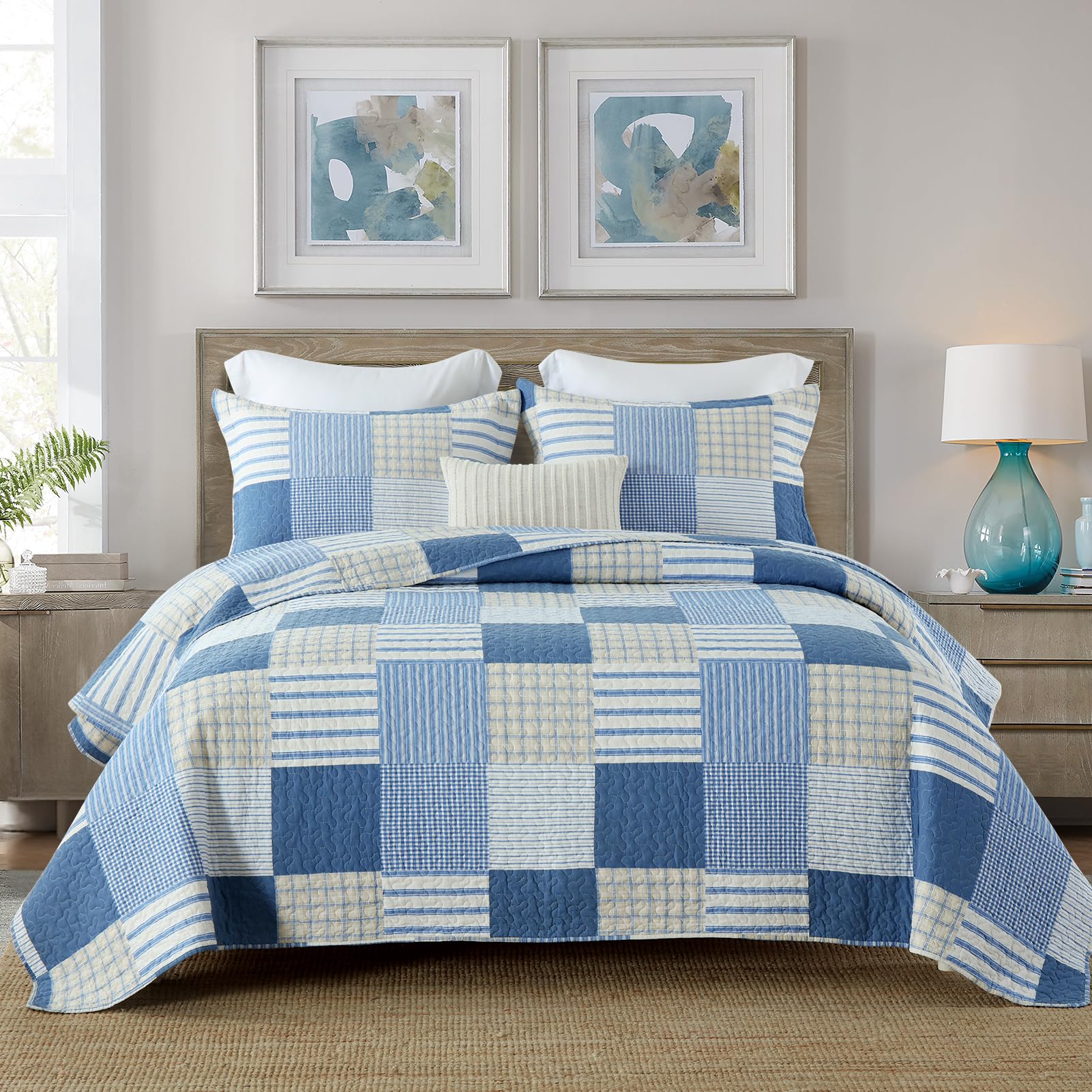 Finlonte Quilt King Size 100 Cotton King Size Comforter Set Blue Beige White Plaid Farmhouse