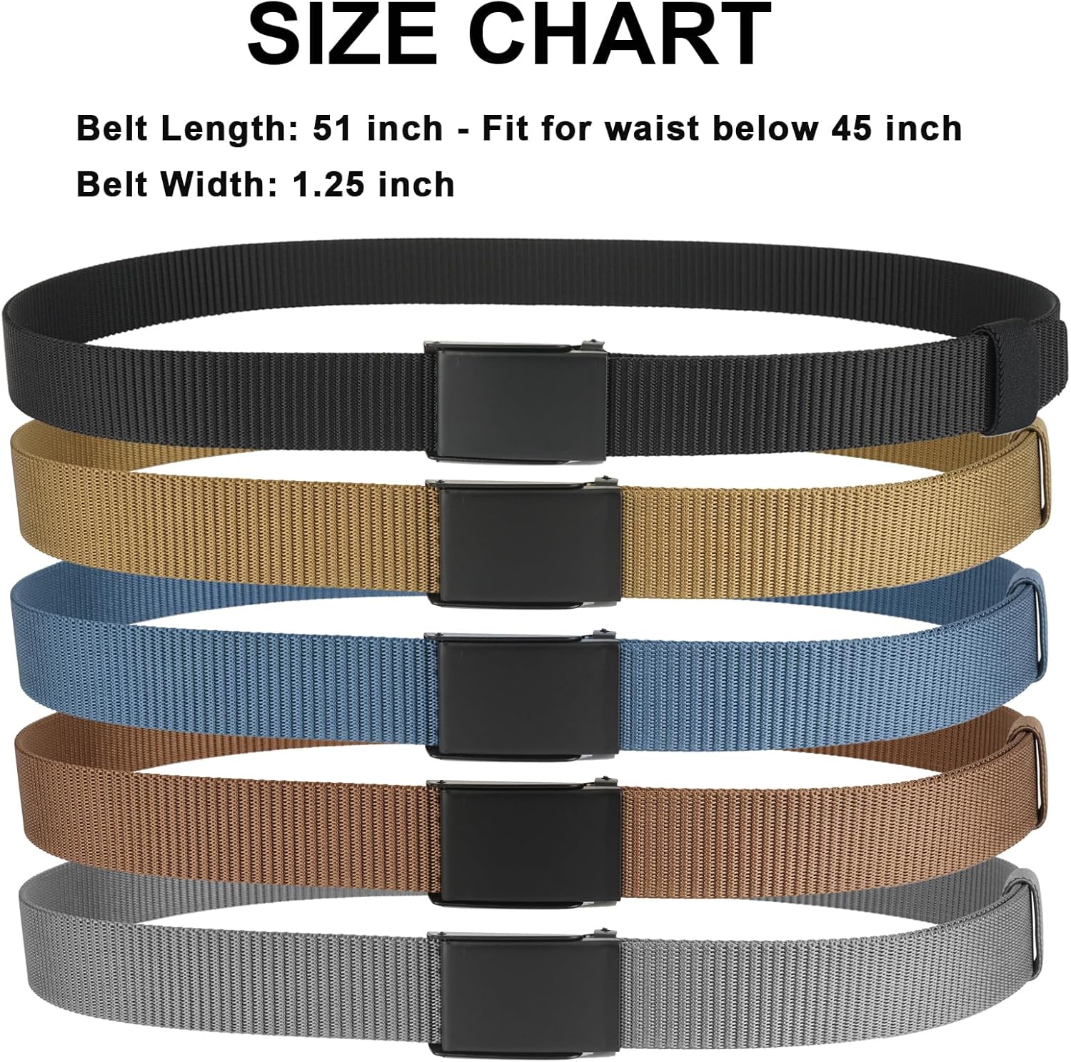 5 Pack Nylon Tactical Flip-Top Buckle Belts, 1 1/4” Lightweight Military Webbing Belt for Men/Women (Fit pants up to 45") - Image 3