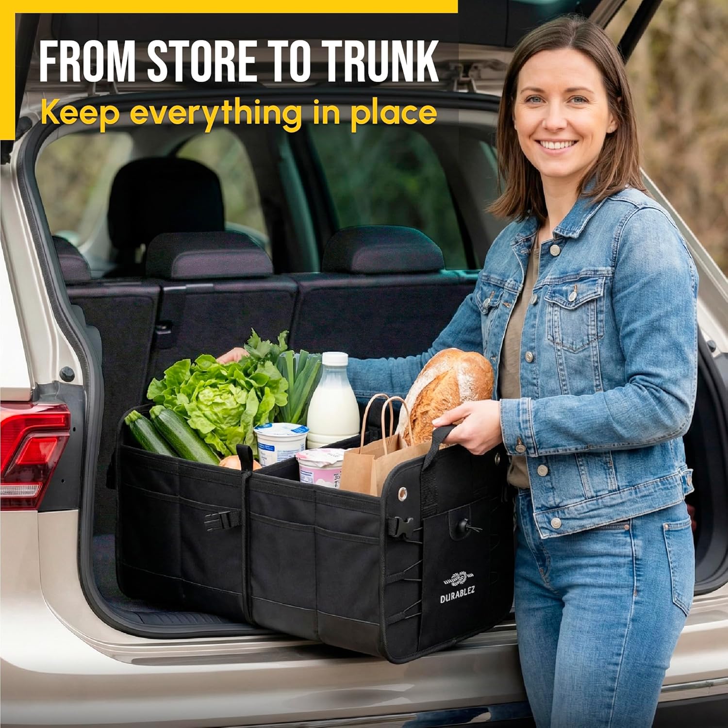 2-Section Trunk Organizer Foldable Car Storage Bin – Compact Dual-Compartment Auto Organizer with Cover Net, Non-Slip Pads, Heavy Duty Oxford 1680D – Black