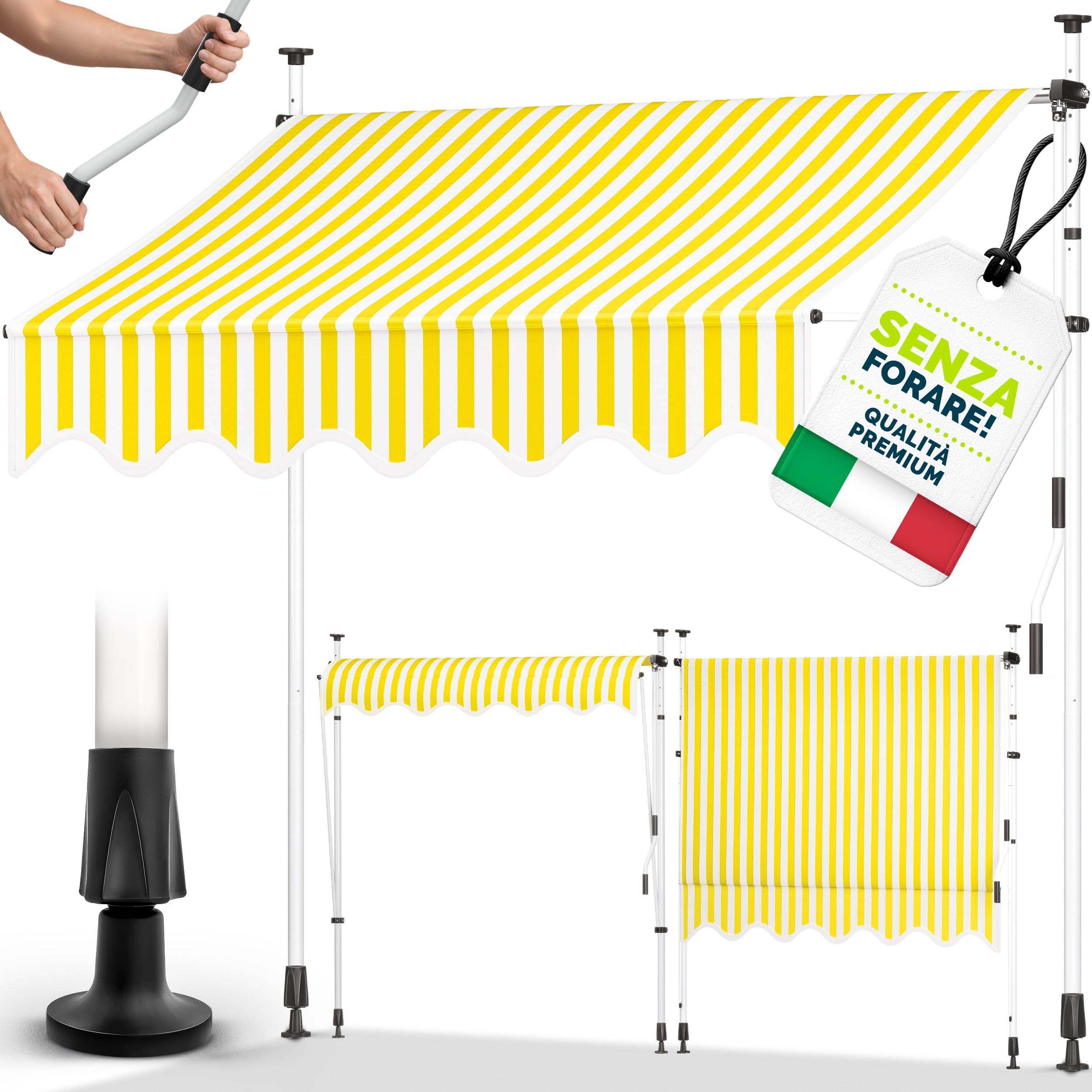 tillvex Tenda da Sole a Bracci con Manovella | Protezione Balcone, Regolabile, Senza Forare, a Manovella | Tenda resistente per Esterno ai raggi UV e regolabile in Altezza (250cm, Giallo/Bianco)