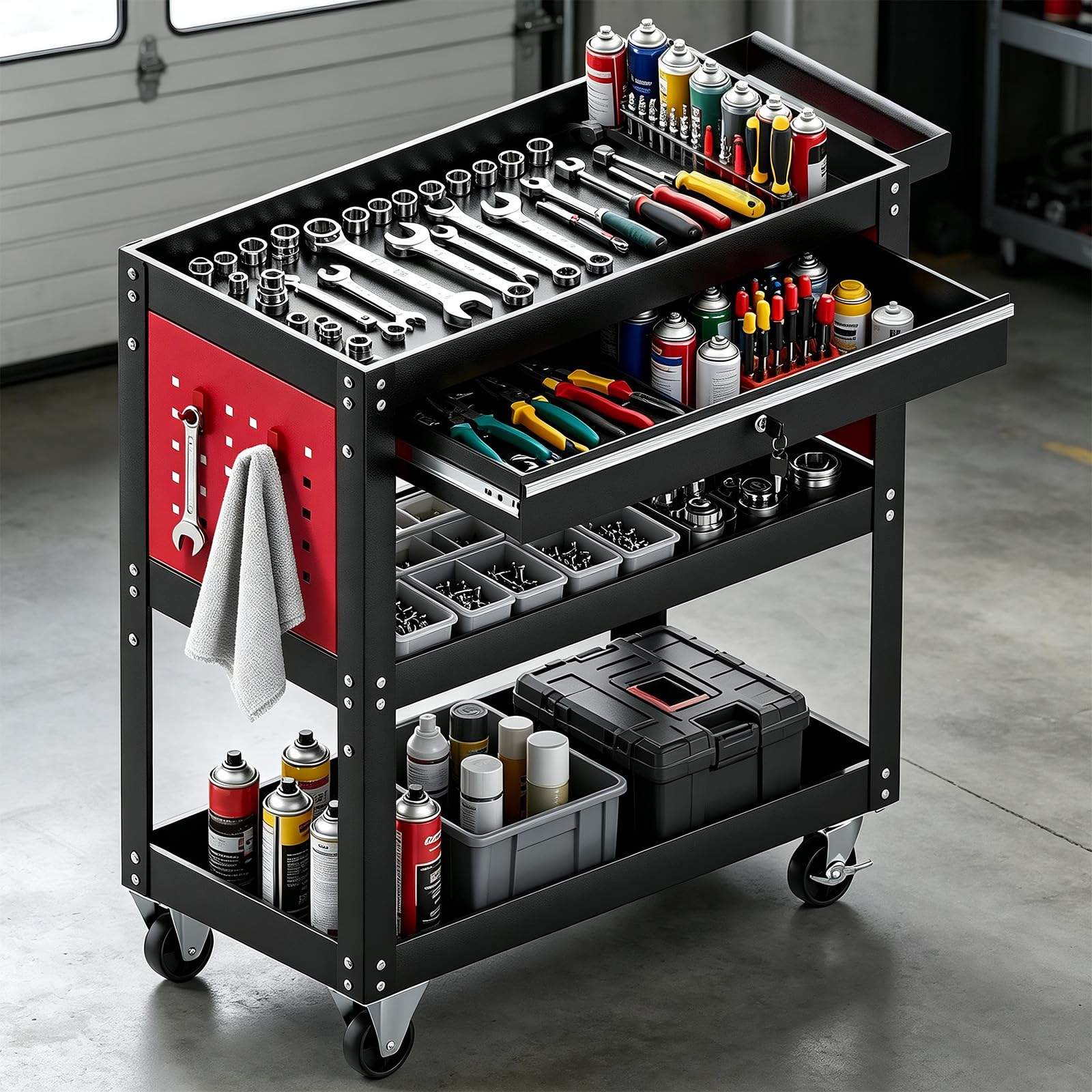 Verdego Werkzeugwagen mit Schublade, 3 Etagen, bis 200 kg, 70x35x76 cm