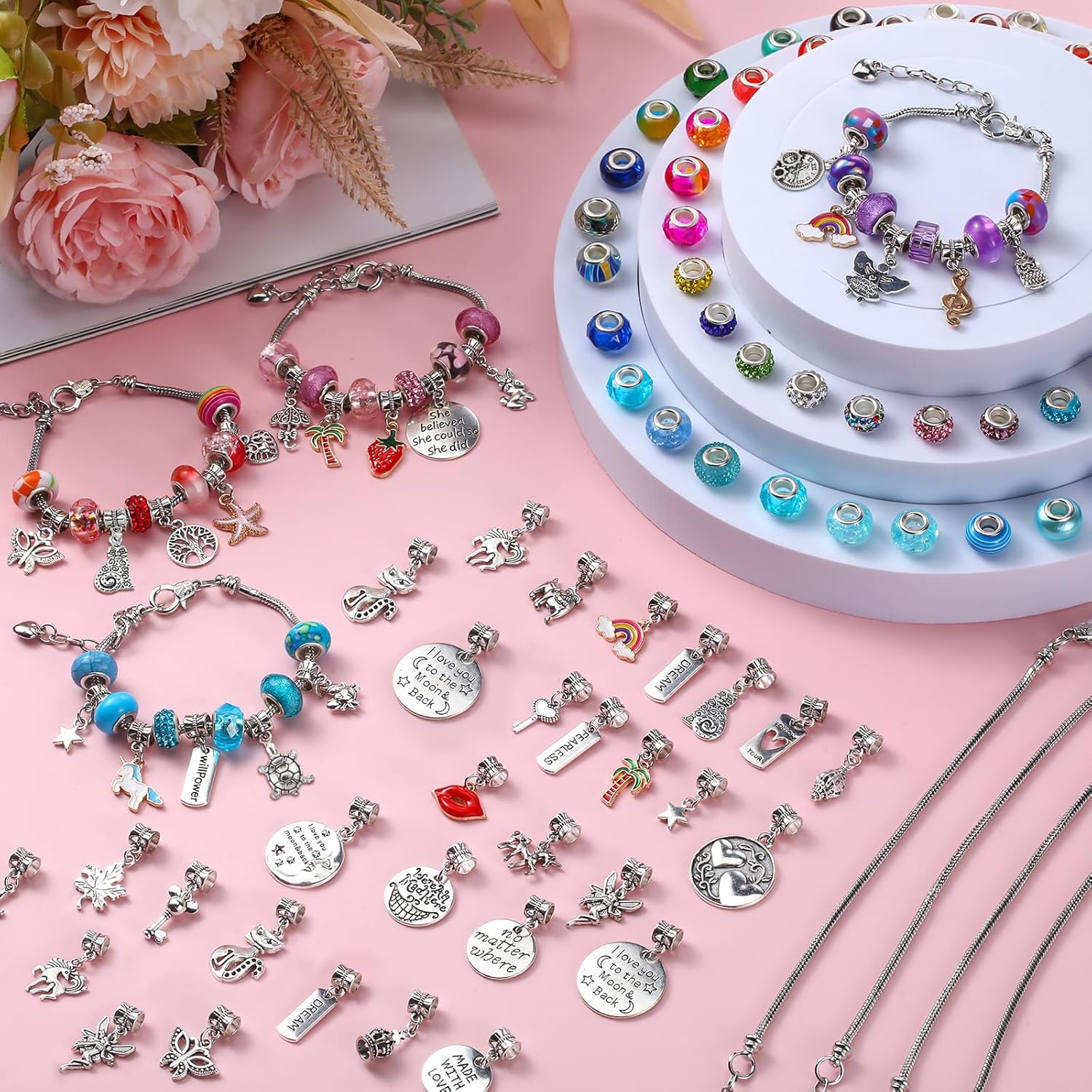 Ferreve 231 Pcs Charm Bracelet Making Kit Snake Chain European Large Hole Beads Dangle Charm with Plastic Storage Box DIY Jewelry Making Craft Gifts for Women(6.3 Inch)